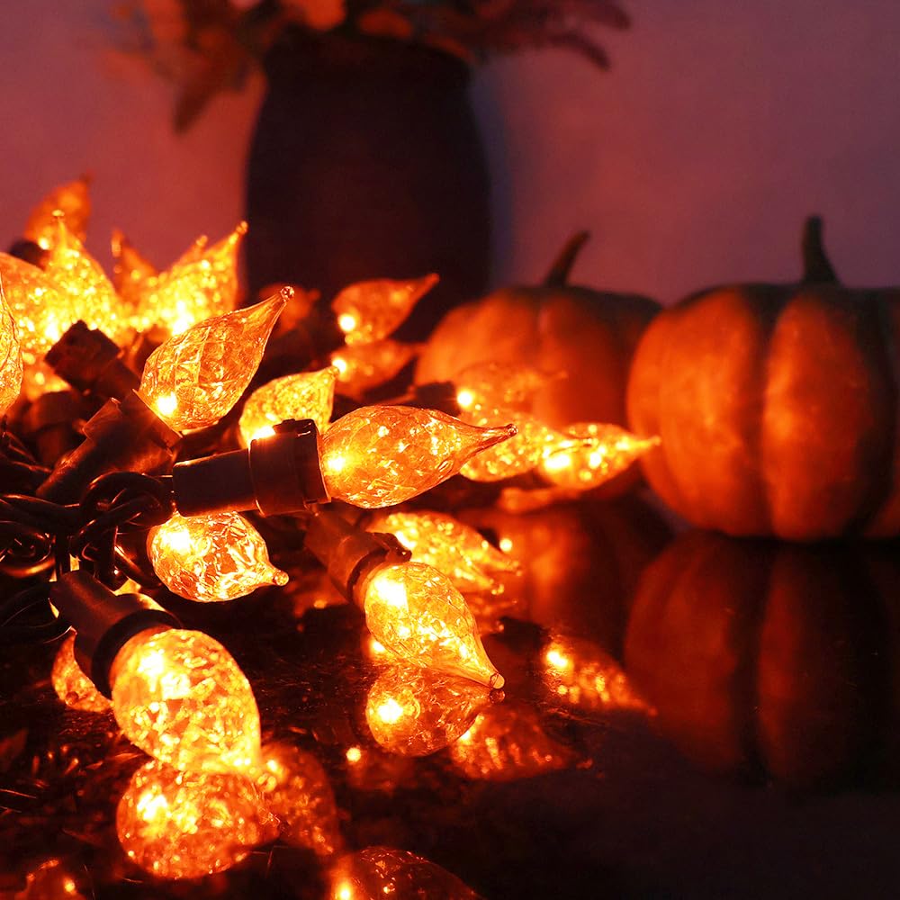 Esolton Halloween Lights Orange Light 70 Led C5 Blubs 120V High-Voltage Plug In Connectable Christmas String Lights For Indoor Outdoor Use Halloween Tree Home Party Thanksgiving