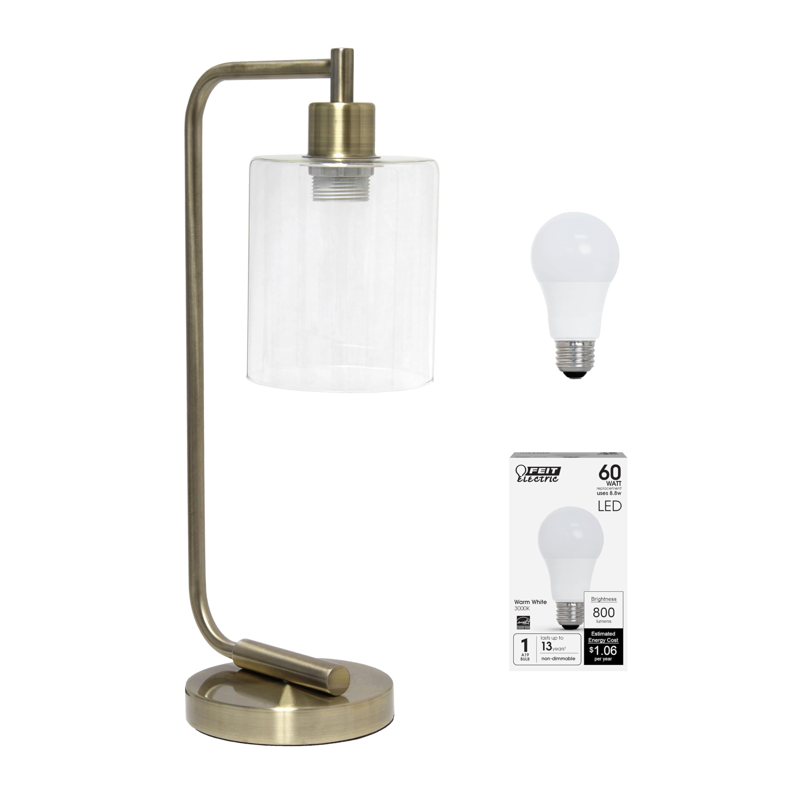 Simple Designs LD1036-ABS-LB 18.8&quot; Industrial Bronson Antique Style Iron Lantern Desk Table Lamp with Glass Shade for Office, Living Room, Bedroom, Antique Brass, with Feit LED Bulb Included