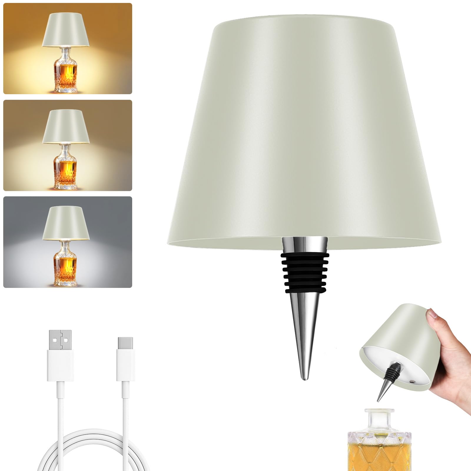 Fintoriel Rechargeable Wireless Bottle Lamp - 3 Color Stepless Dimmable, Metallic Beige Lampshade, 12H Bright Light or 96H Soft 
