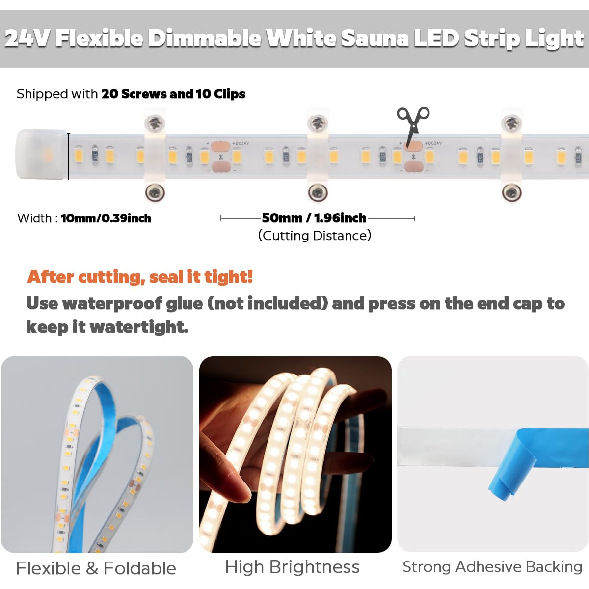SLL HUT Sauna LED Strip Lights, 5m Heat Resistant, 4000K Natural White, IP68 Waterproof, Model FSLSAUNA-24V-120DW10