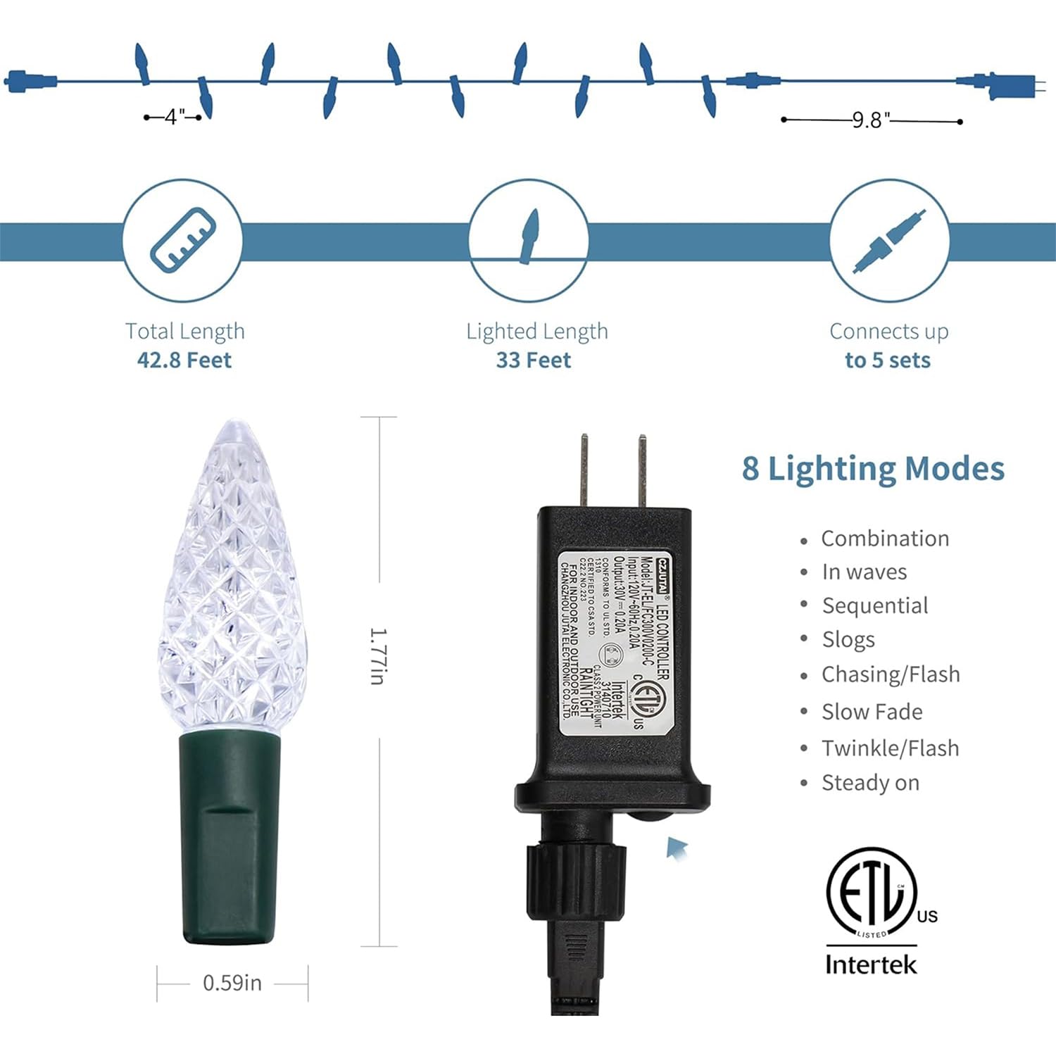 Waterglide C6 Christmas Lights, 100 Led 33Ft Faceted Fairy Lights Green Wire String Lights With Safe Adaptor, 8 Lighting Mode, W