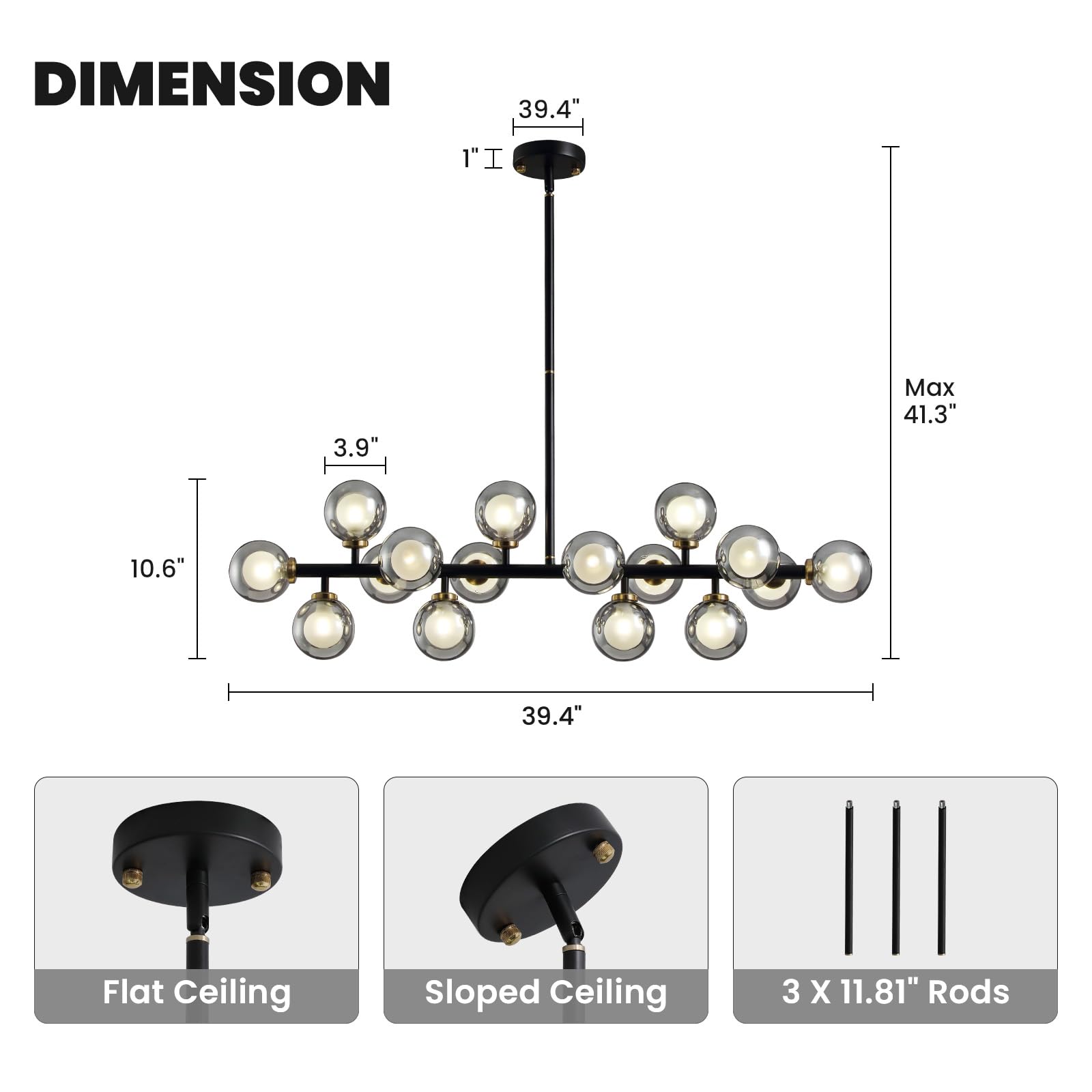 Crossio Modern Black 16-Light Glass Globe Chandelier Pendant Light For Dining Room Kitchen