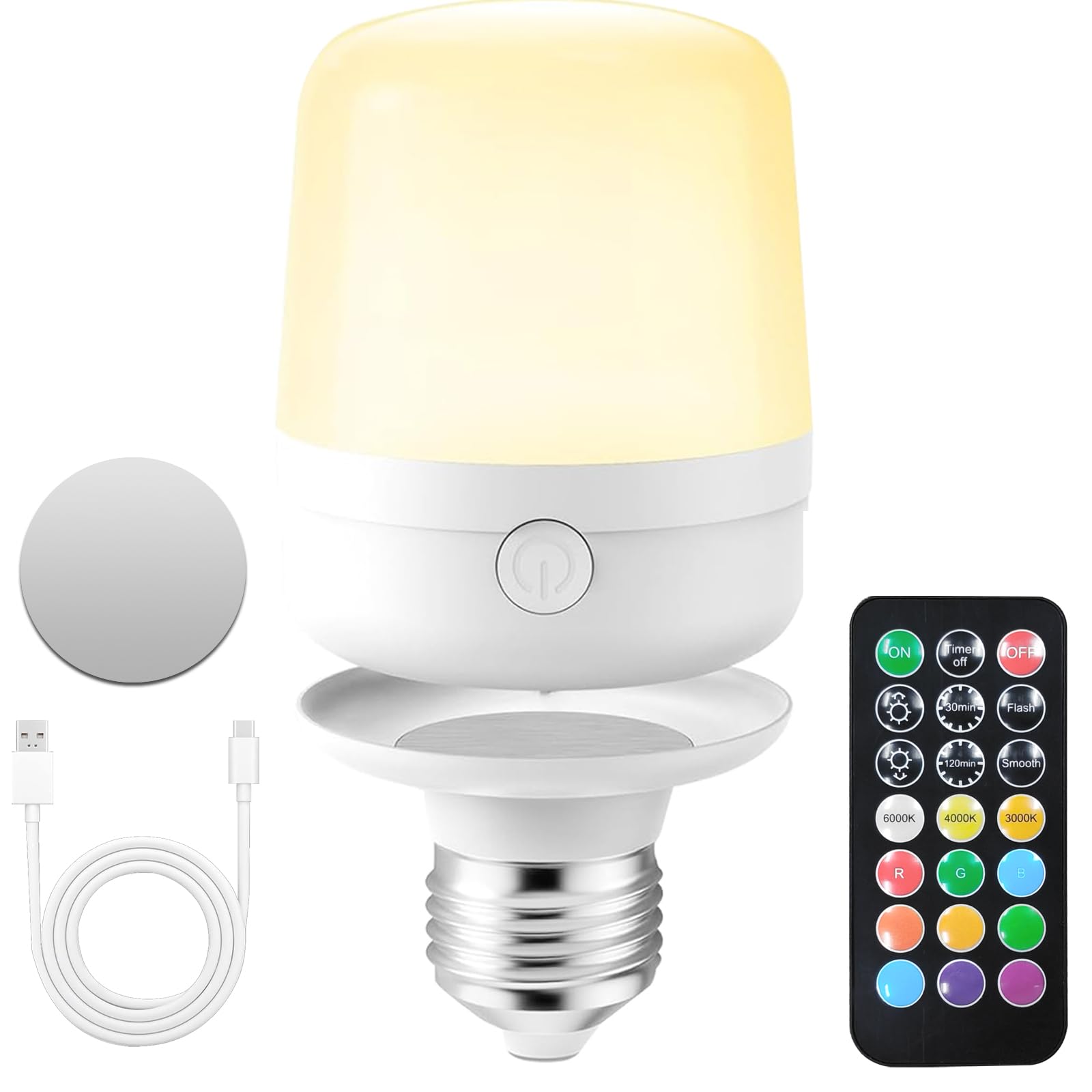 Bobopai Led Rechargeable Light Bulb With Remote, 12 Colors, E26 Battery Operated Light Bulb For Lamp, Dimmable Usb Battery Backu