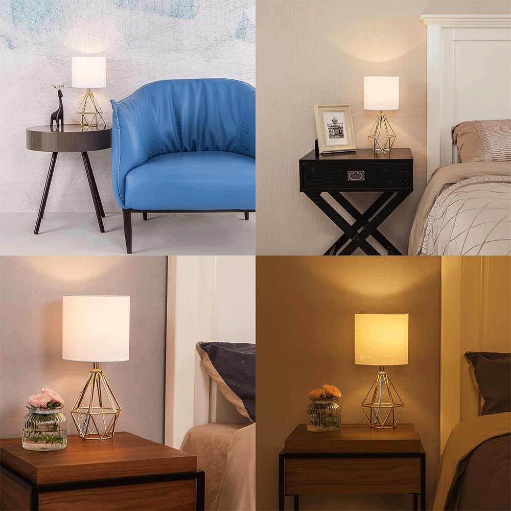 COTULIN Gold Bedroom Table Lamp, Modern Geometric Metal Base, White Fabric Shade, Model ZWL039G, Cute Nightstand Lamp for Kids