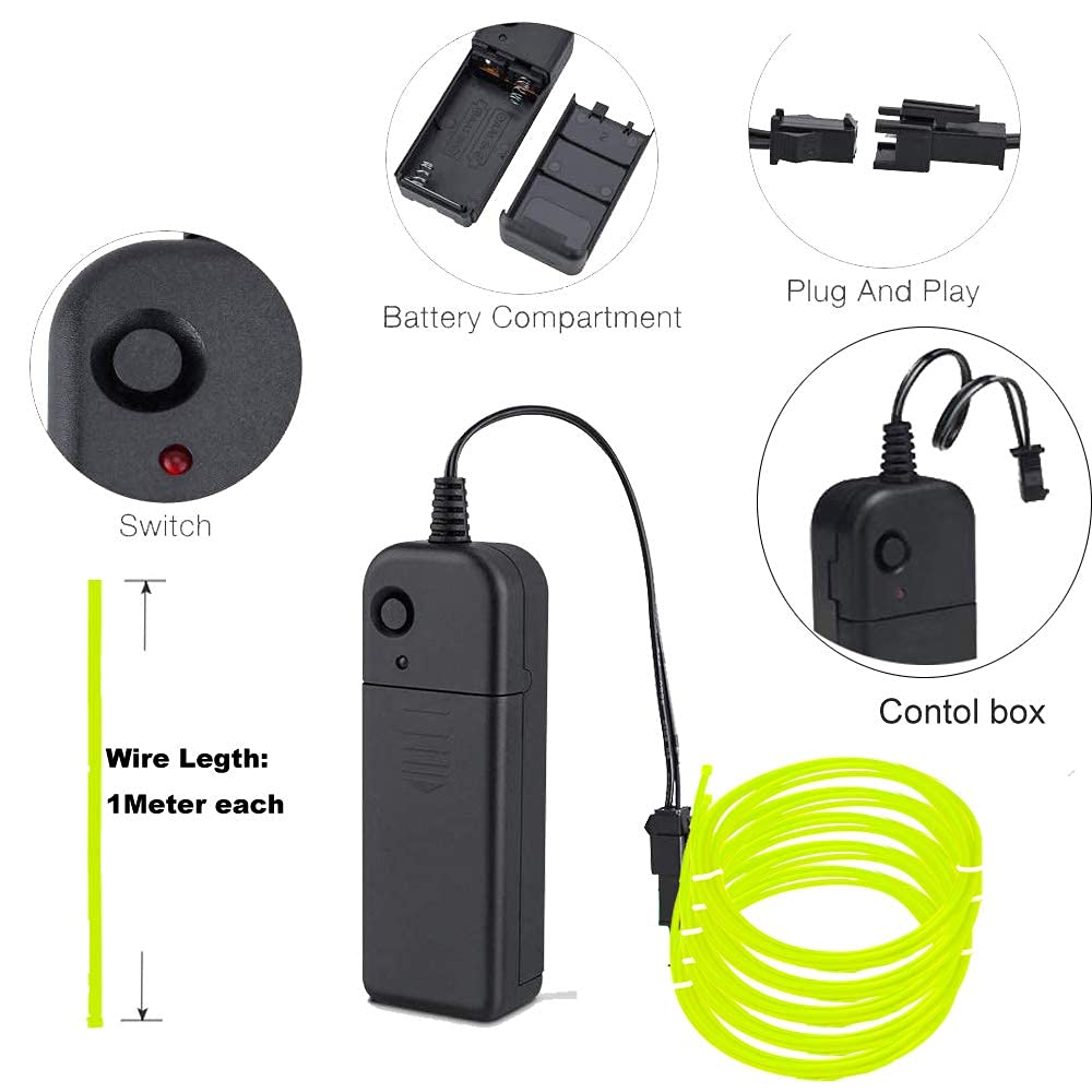 MaxLax EL Wire Lime Green, Noise Reduction Neon Wire Light 5 in 1 Meter, Electroluminescent Wire for Halloween Decoration, Chris