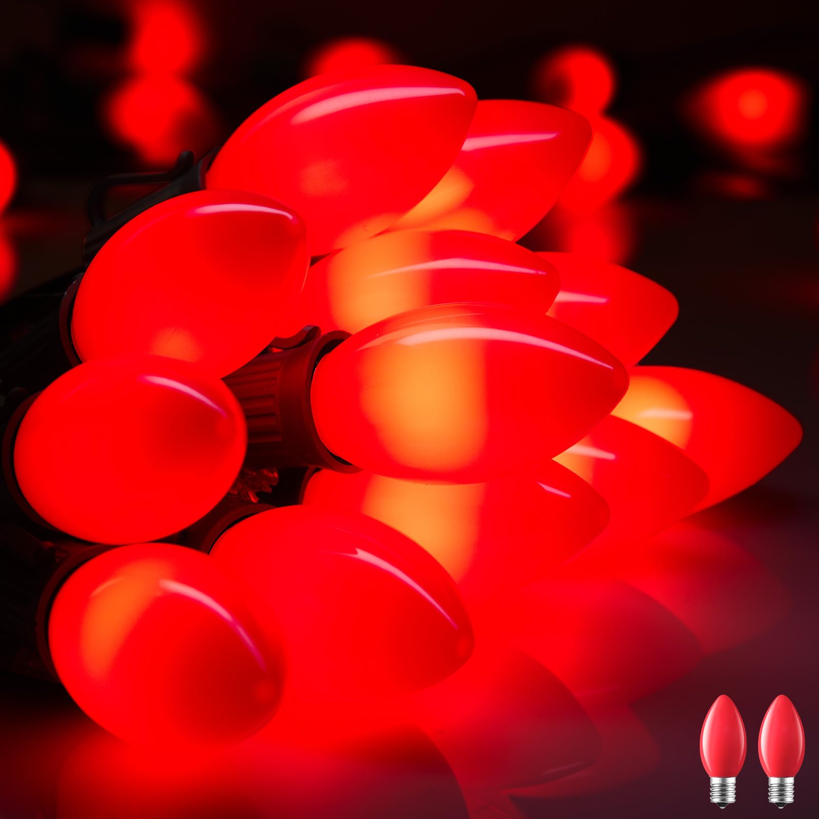 Minetom Vintage C9 LED Christmas Lights, 50FT Outdoor String Lights, 50 Shatterproof Bulbs, Waterproof, Red, Model GYPI-O50LAU