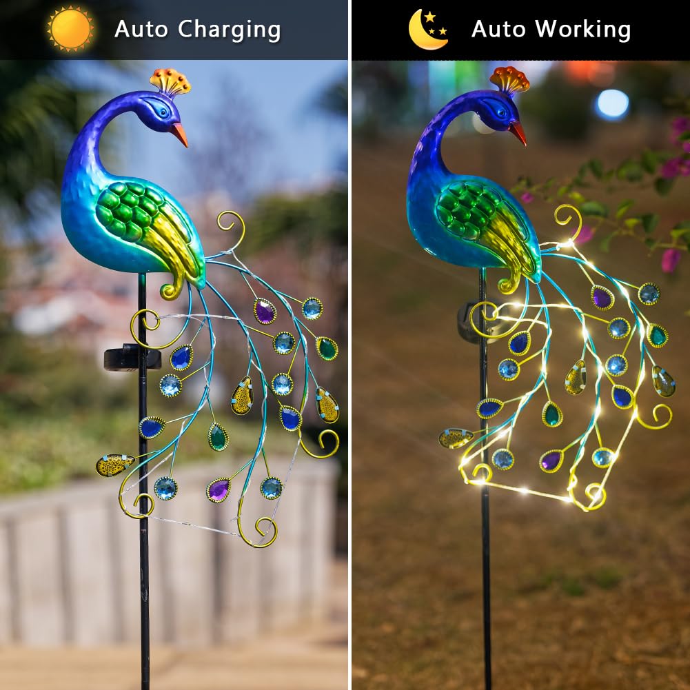 Dreamsoul 2 Pack Peacock Solar Lights Outdoor, Waterproof Metal Peacock Outdoor Solar Lights For Yards Pathway Lawn Decoration P