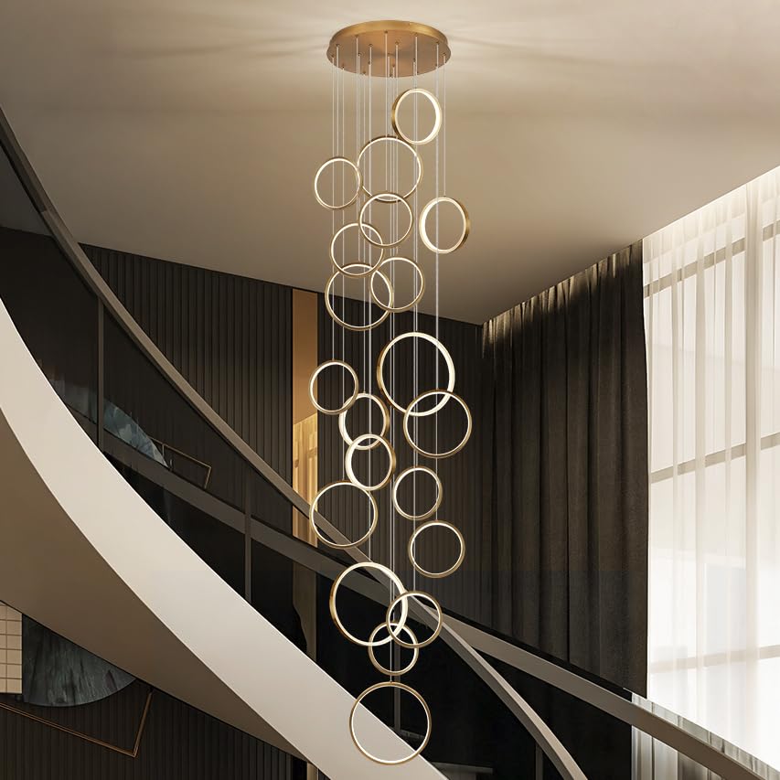 Sparklelf 20 Rings Modern Led Chandelier For High Ceiling Dimmable Gold Contemporary Foyer Long Chandelier For Entryway, Long Pe