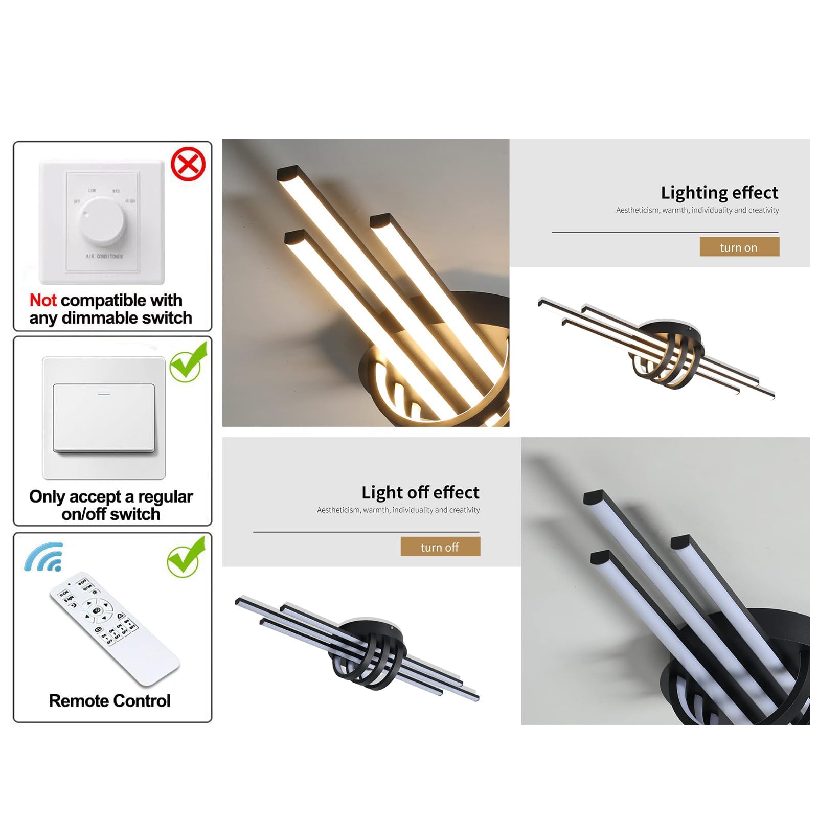 Garwarm 31.49 Inch Modern Led Ceiling Light Fixture, 40W Black Flush Mount Ceiling Light With Remote, Industrial Linear Chandeli