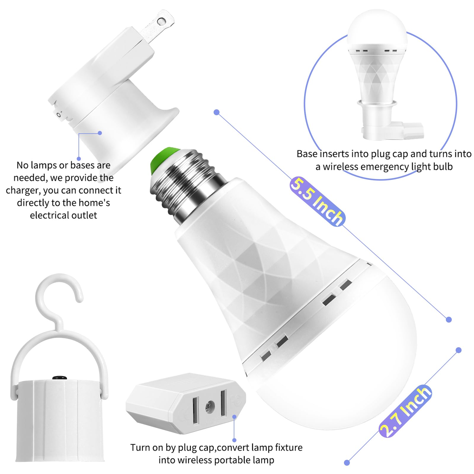LHZHENG Emergency Rechargeable Light Bulbs, 12W 60W Equivalent, 1500mAh, White, 6 Pack, Model LHZSHLQ-4P