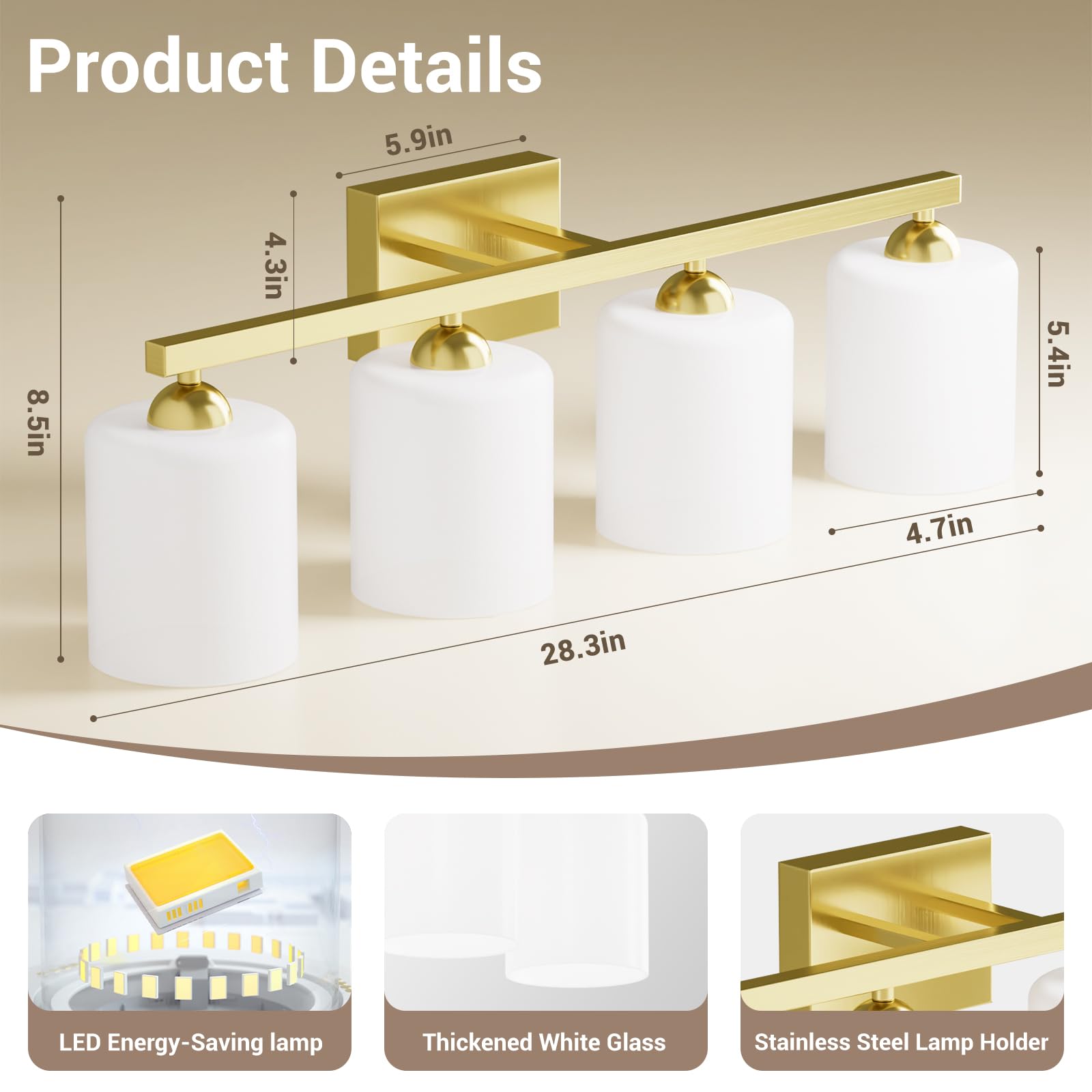 Quntis 4-Light LED Bathroom Vanity Light Fixture, Adjustable Gold & Milky White, 28.3 inch, Metal Shade, Model 27a2d6ef-6186-4