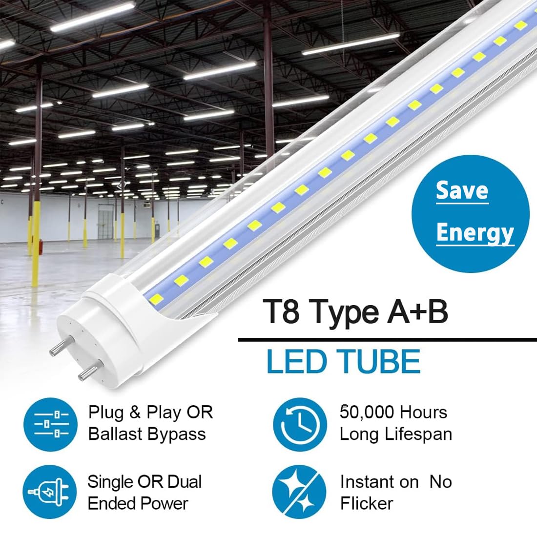 Cnsunway T8 Led Bulbs 4 Foot, Hybrid Type A+B Light Tube, 18W 2400Lm 6000K, Plug & Play Or Ballast Bypass, Single-Ended Or Doubl