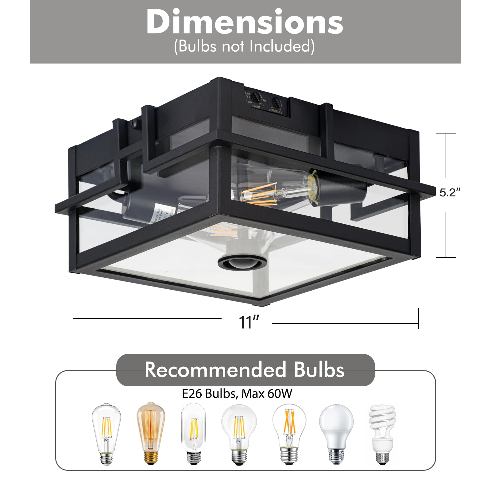 Vexagyle Upgraded Motion Sensor Outdoor Ceiling Light, Dusk to Dawn 2-Light Flush Mount, Black with Clear Glass for Porch, Garage, Patio