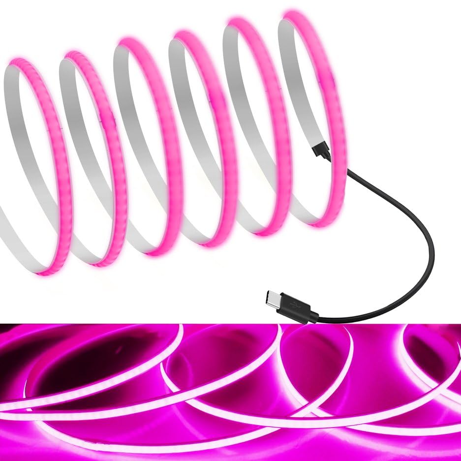 Mdee?Type C Cob Tape Light Led Strip 3.28Ft/1M- Flexible 5Mm Hidden Dc 5V Led Tape With 320 Leds/M For Pink Lighting. Cuttable  Shapeable  Type C Powered. Ideal For Kitchen  Office Decor