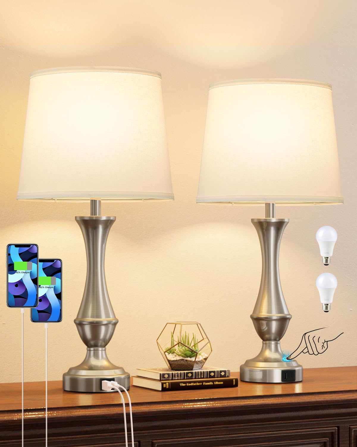 Upgraded Touch Lamps for Night Stands Set of 2 - Bedside Lamps with USB C+A, 3 Way Dimmable for Bedroom Living Room End Tables O
