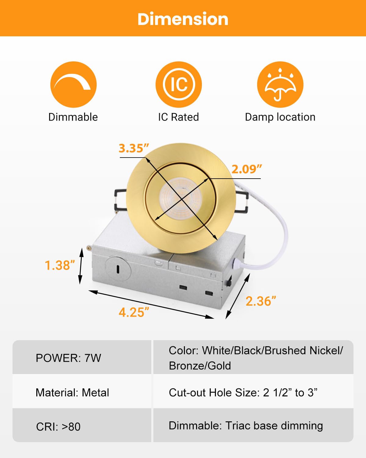 POPANU Gold 3-Inch Canless LED Recessed Lighting Fixtures, 7W Dimmable Gimbal Downlight, 360° Adjustable, 6-Pack, Model 3SG