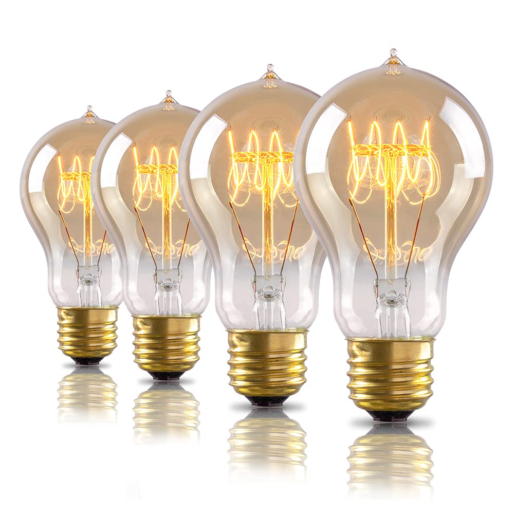 4-Pack Edison Light Bulb, 60 Watts, A19 Vintage Incandescent Light Bulbs, Dimmable Old Fashioned E26 Incandescent Light Bulbs, 2