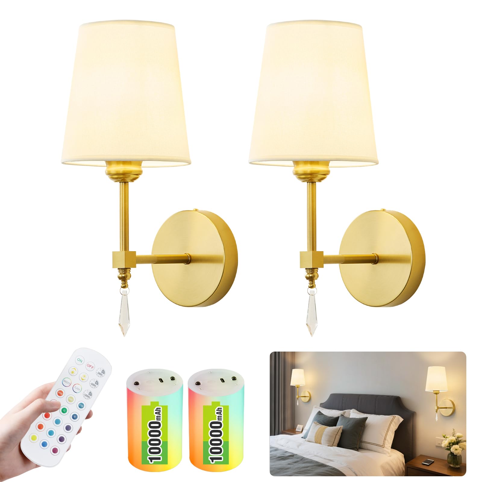 Wireless Wall sconces Set of Two,10000 Mah Battery Operated Wall Sconce with Remote,Dimmable 12 RGBS Rechargeable Wall Sconce,Co