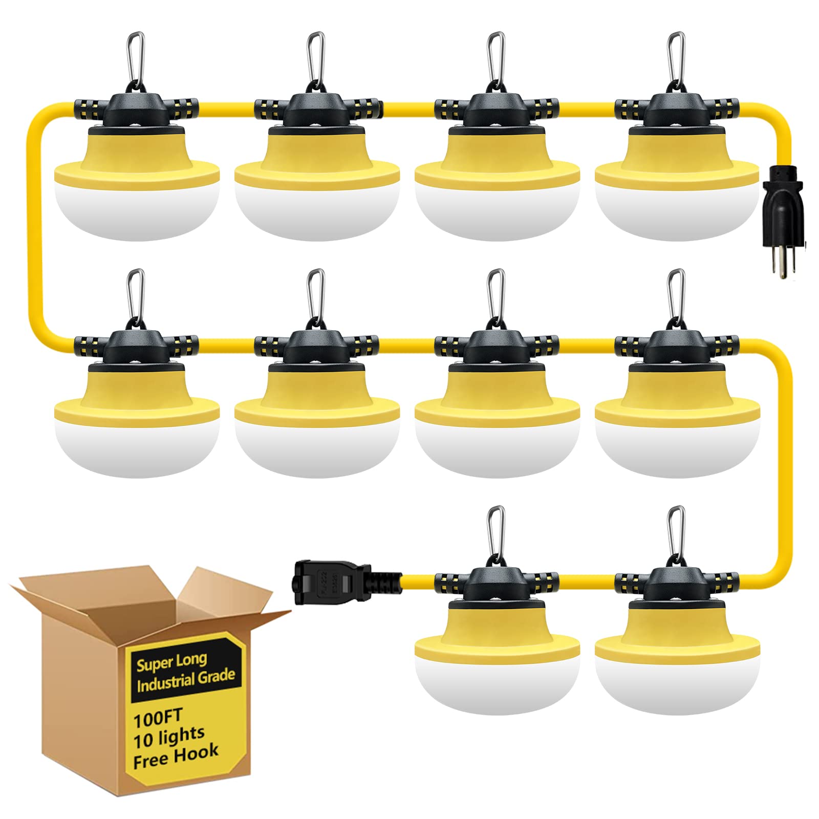 Muasdae 100FT LED Construction String Lights, Yellow, Industrial Grade, 3 Prong, Ideal for Outdoor Lighting, Renovation, and Walkways