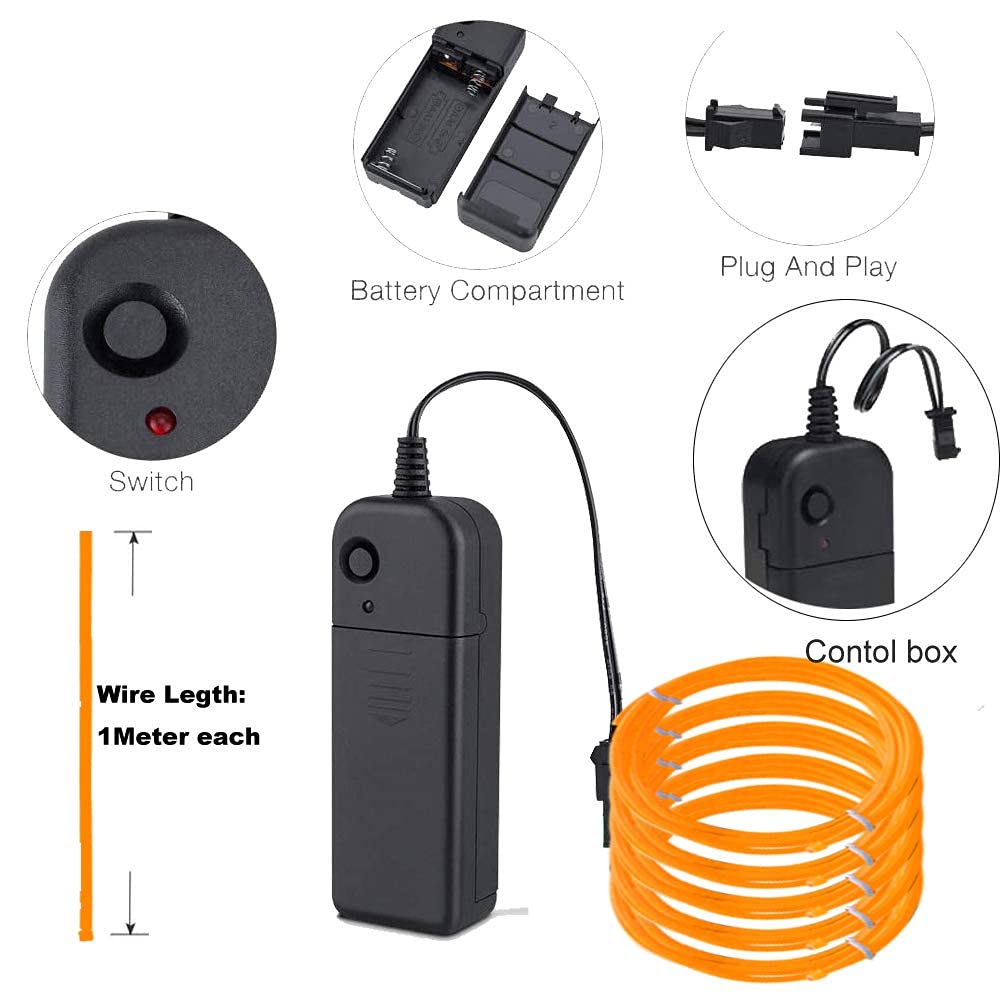 MaxLax EL Wire Yellow, Noise Reduction Neon Wire Light 5 in 1 Meter, Electroluminescent Wire for Halloween Decoration, Christmas