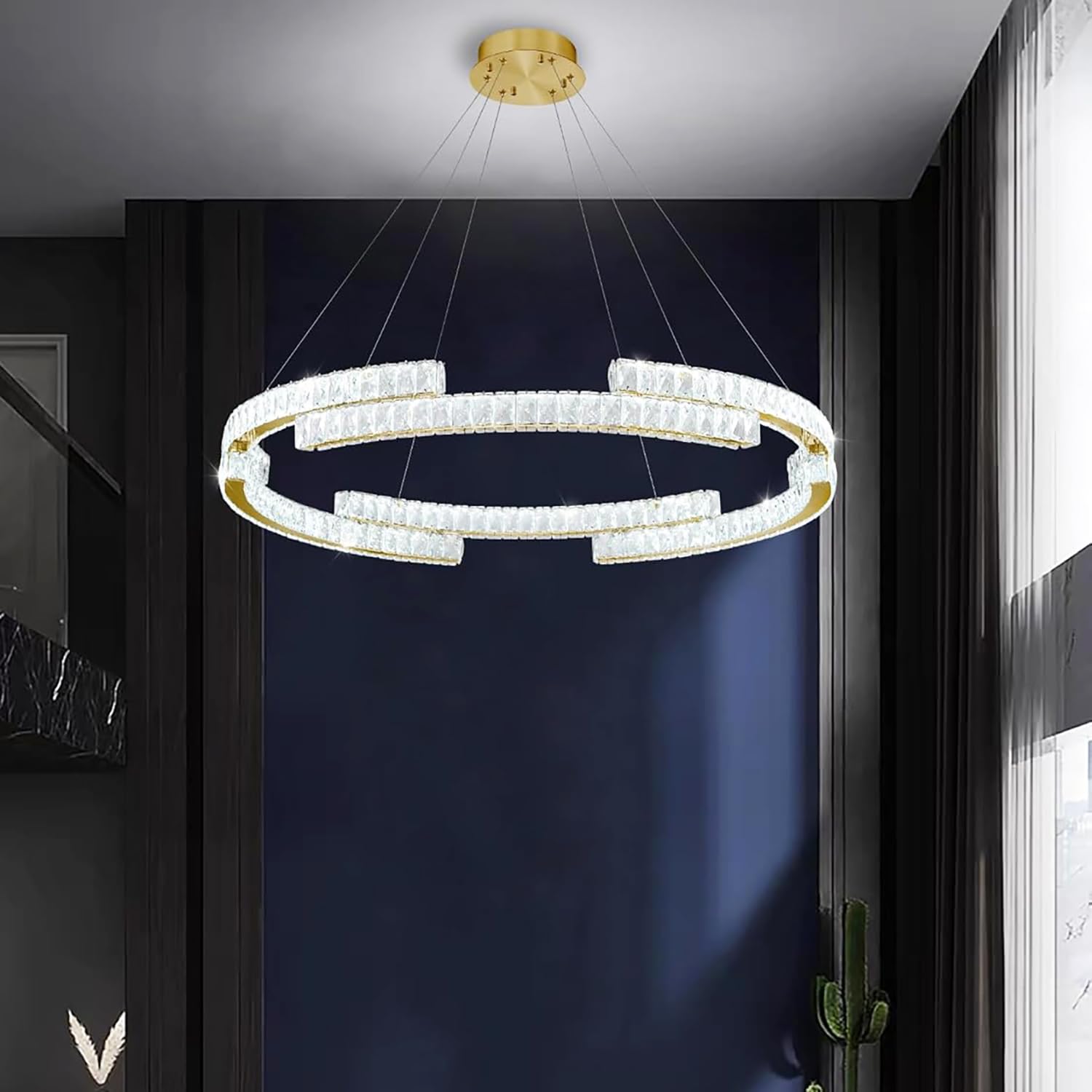 Idequy 40Inches Gold Modern Crystal Ring Chandeliers For Living Room Dinning Room Crystal Pendant Light Dimmable 3000K-6000K