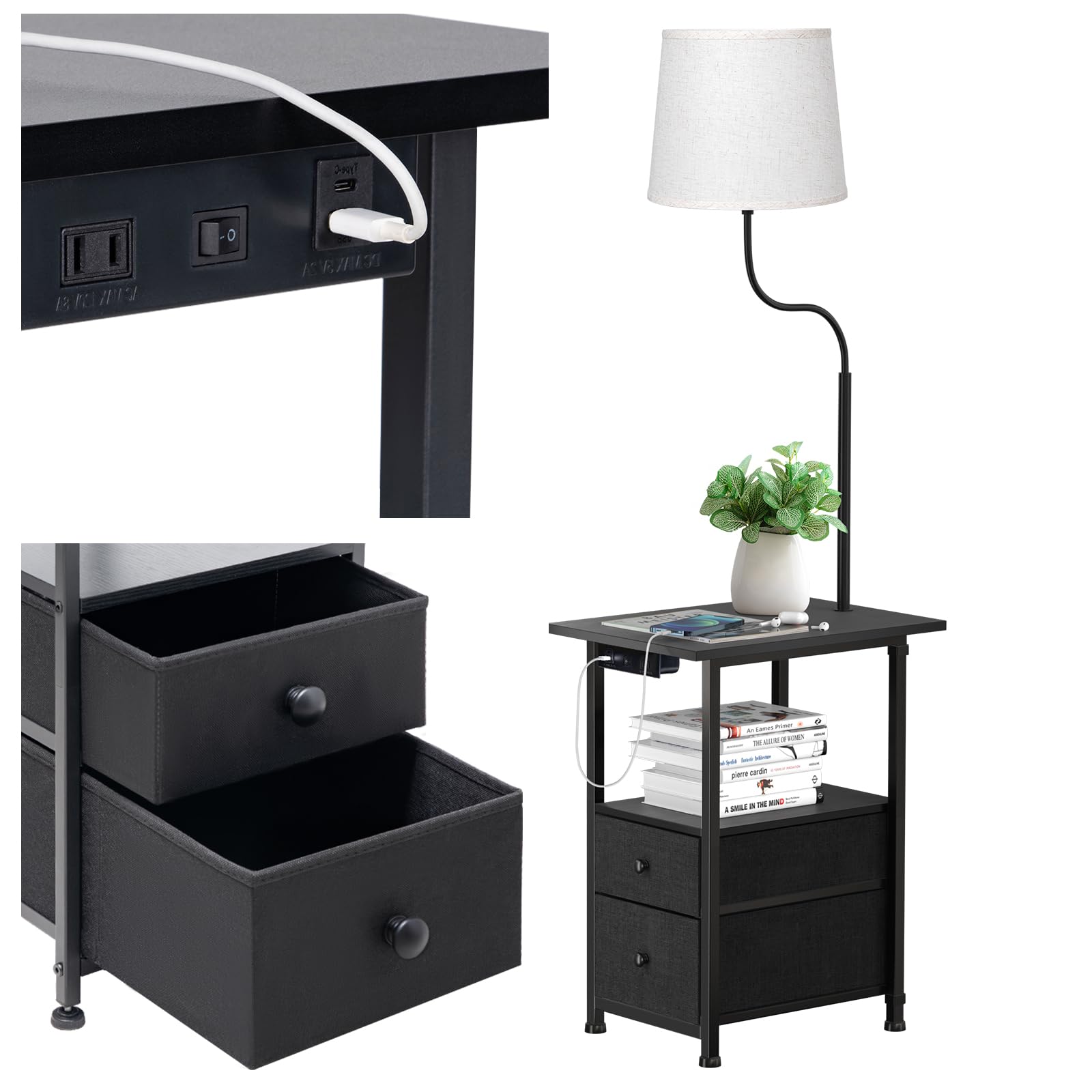 addlon Floor Lamp with Side Table, Nightstand with Charging Station, 3 Color Temperatures 9W LED Bulb, Floor Lamps for Living Room, Bedroom, Storage End Tables Living Room - Black