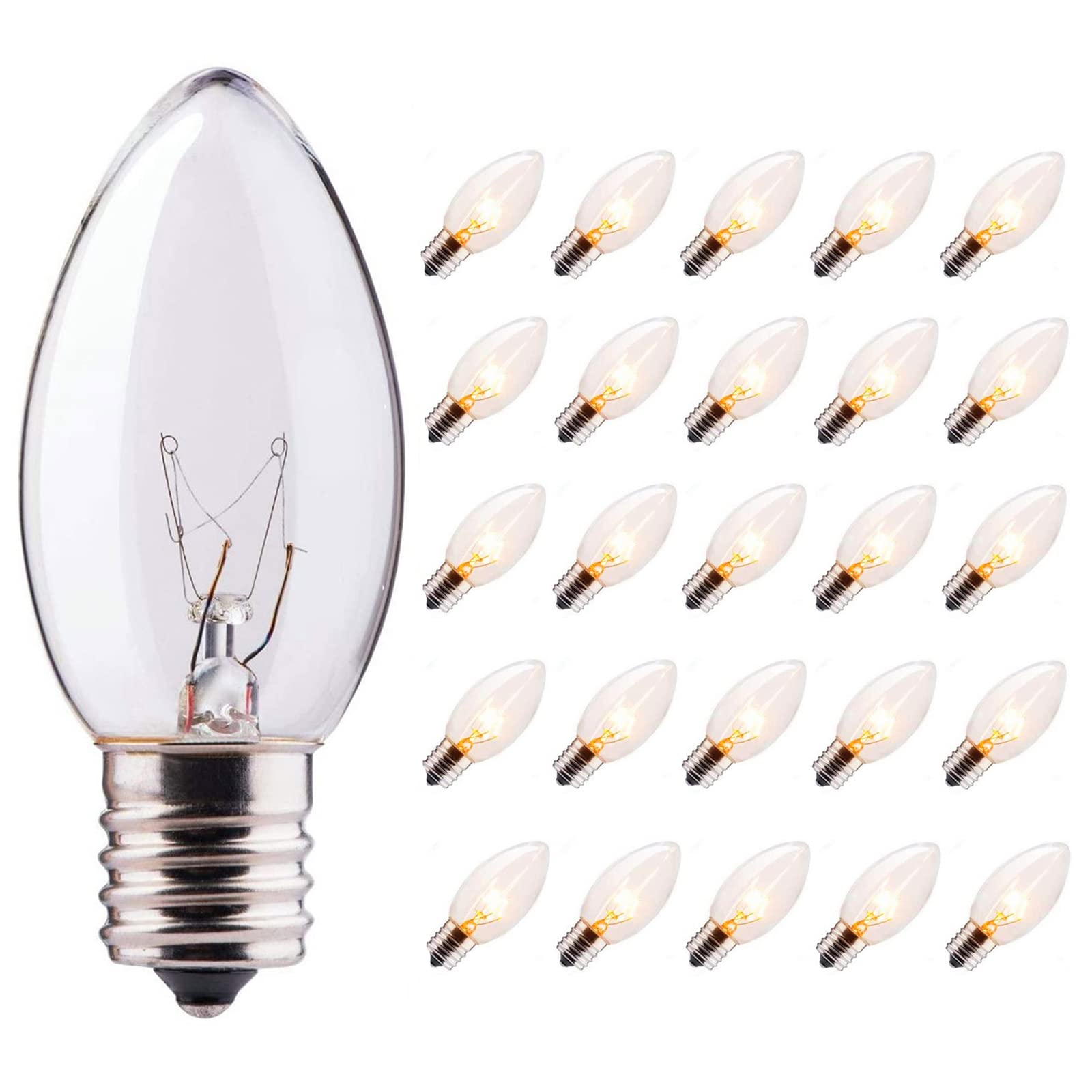 SUNSGNE C9 Clear Replacement Bulbs, 7 Watt Glass Incandescent, 25 Pack, E17 Intermediate Base
