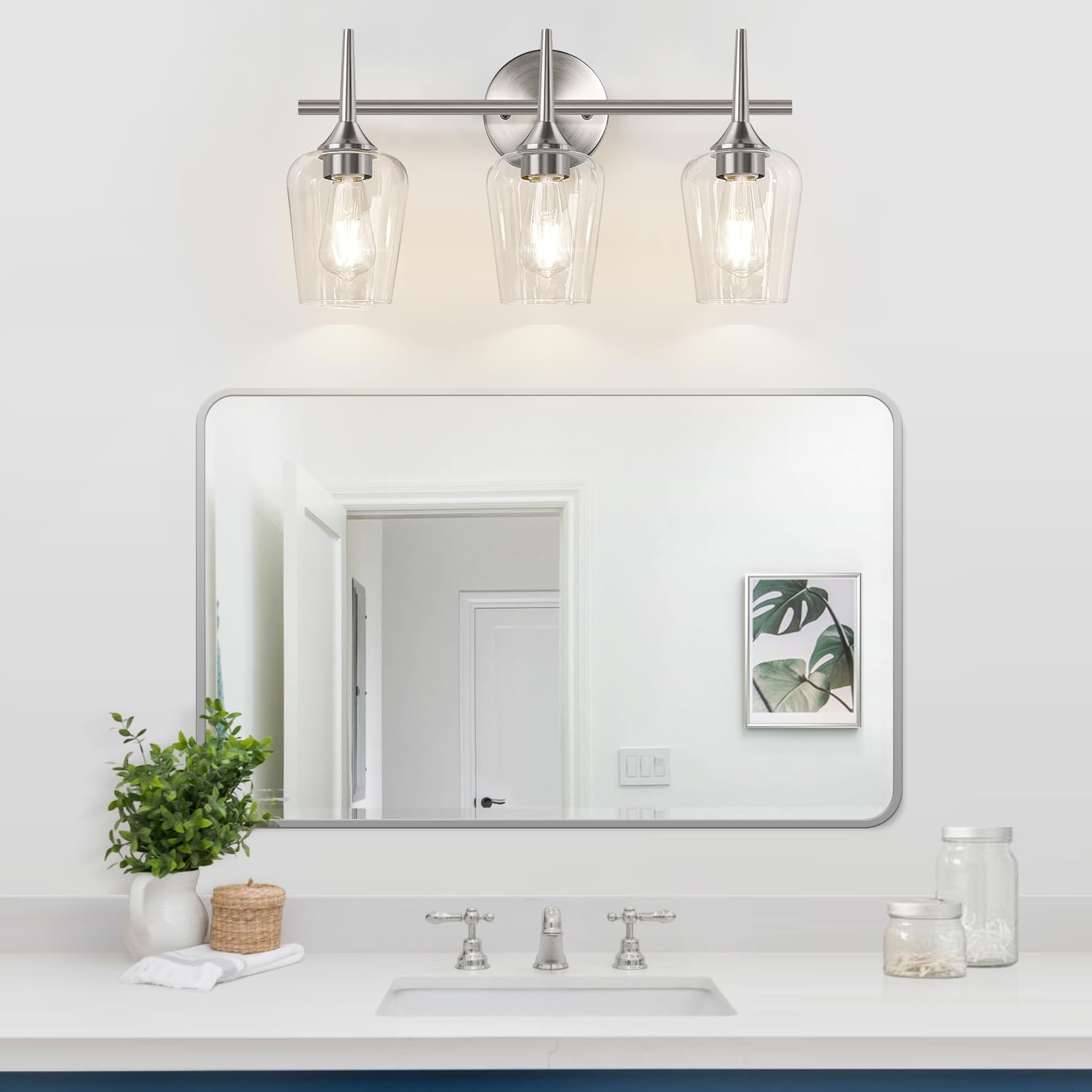 Mokatng 3-Light Bathroom Light Fixtures  19.5 In Brushed Nickle Vanity Lights For Bathroom With Clear Glass  Bathroom Lighting Fixtures Over Mirror  Modern Wall Lamp For Cabinet Hallway