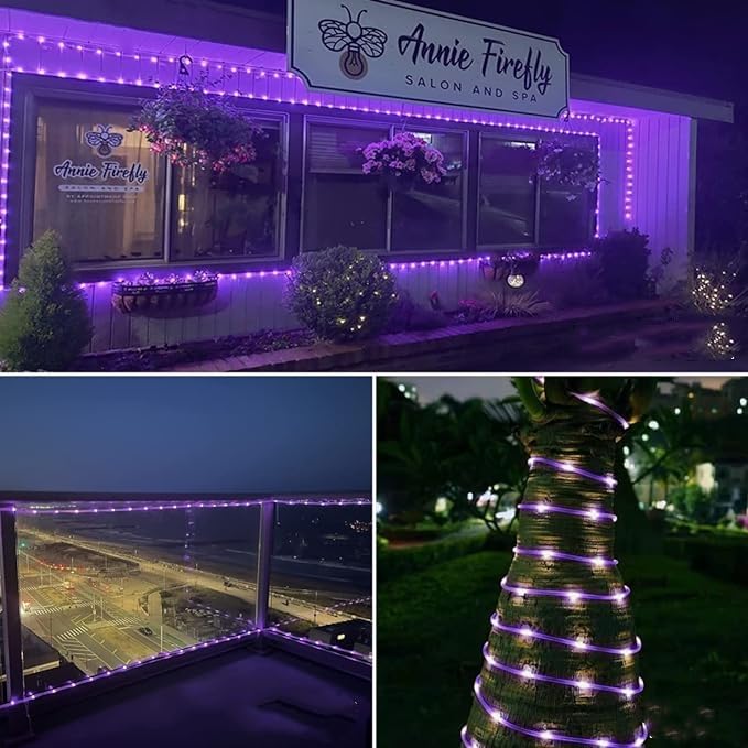 Qitong 2 Pack Purple Solar Rope Lights Outdoor Waterproof, Each 33Ft 100 Led String Lights, 8 Modes Clear Pvc Solar Tube Light