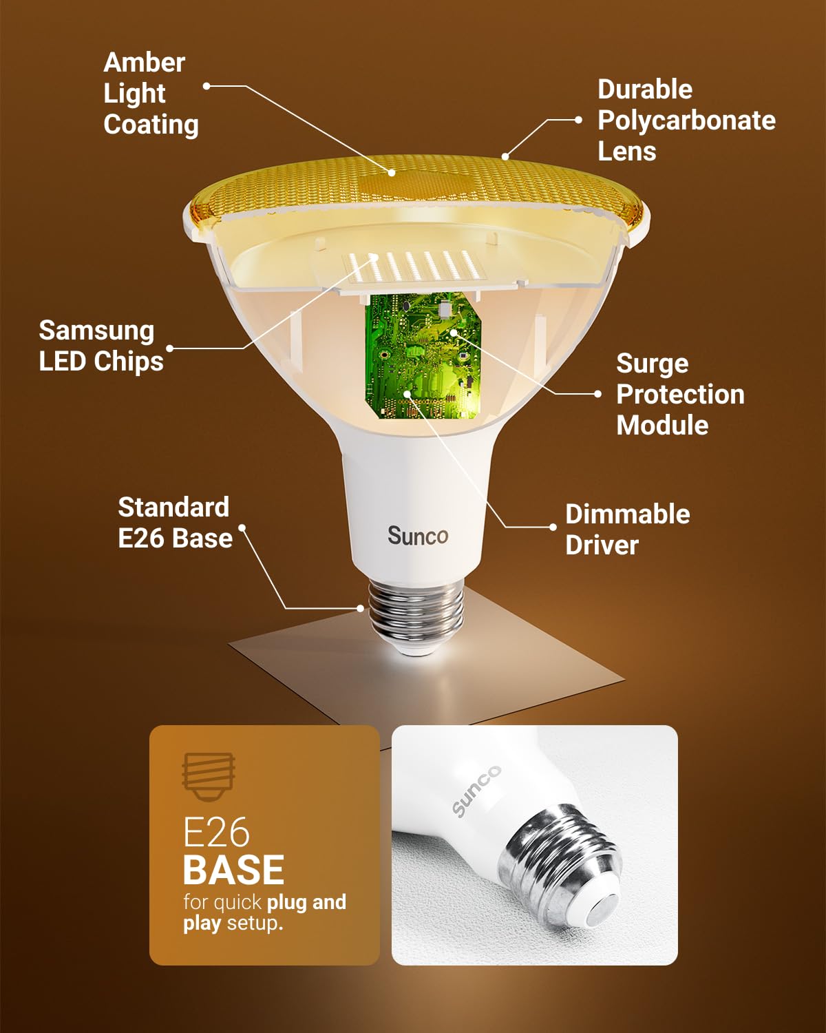 Sunco Led Yellow Bug Light Bulbs Outdoor Par38 Bug Repellent Light For Porch, Backyard, Outside, 13W=90W, 2000K Amber Glow, Dimm