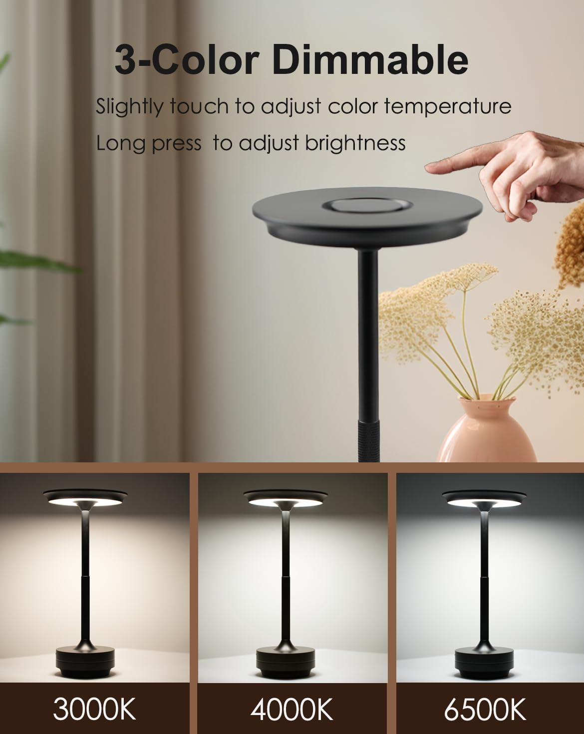 Zeyork Cordless Table Lamp, Led Table Lamp With 5000Mah Built-In Rechargeable Battery Touch Dimmable Control, Waterproof Led Des