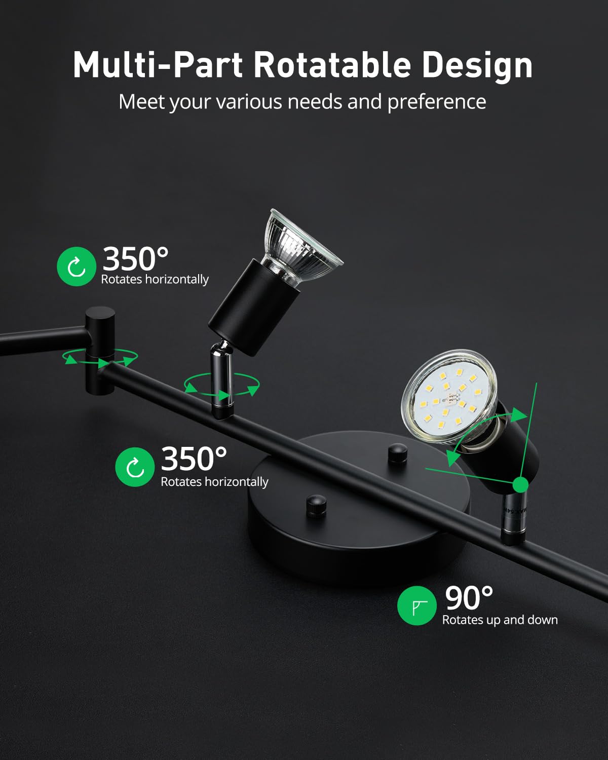 Bojim 6 Light Led Track Lighting Kit, Ceiling Spot Lighting With Adjustable Light Heads & Foldable Light Arms, Matte Black Kitch