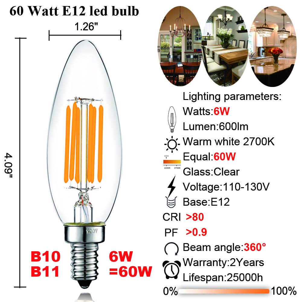 LiteHistory B10 Dimmable LED Bulb 6W (60W Equivalent) 2700K Clear E12 Edison 6-Pack - Glass Candelabra for Chandelier & Ceiling Fans