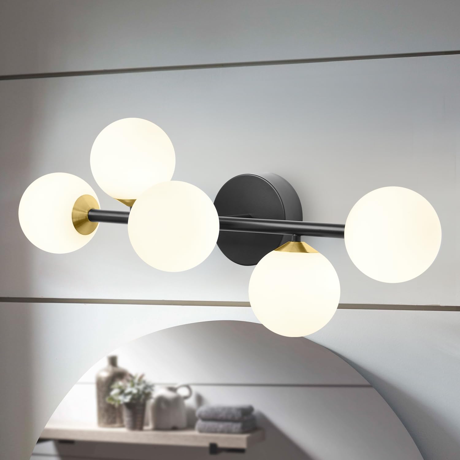 artmoonlight 5-Light Bathroom Vanity Light Fixtures, Dimmable LED, Black and Gold, Metal & Frosted Glass, Model 012HS3000WARM