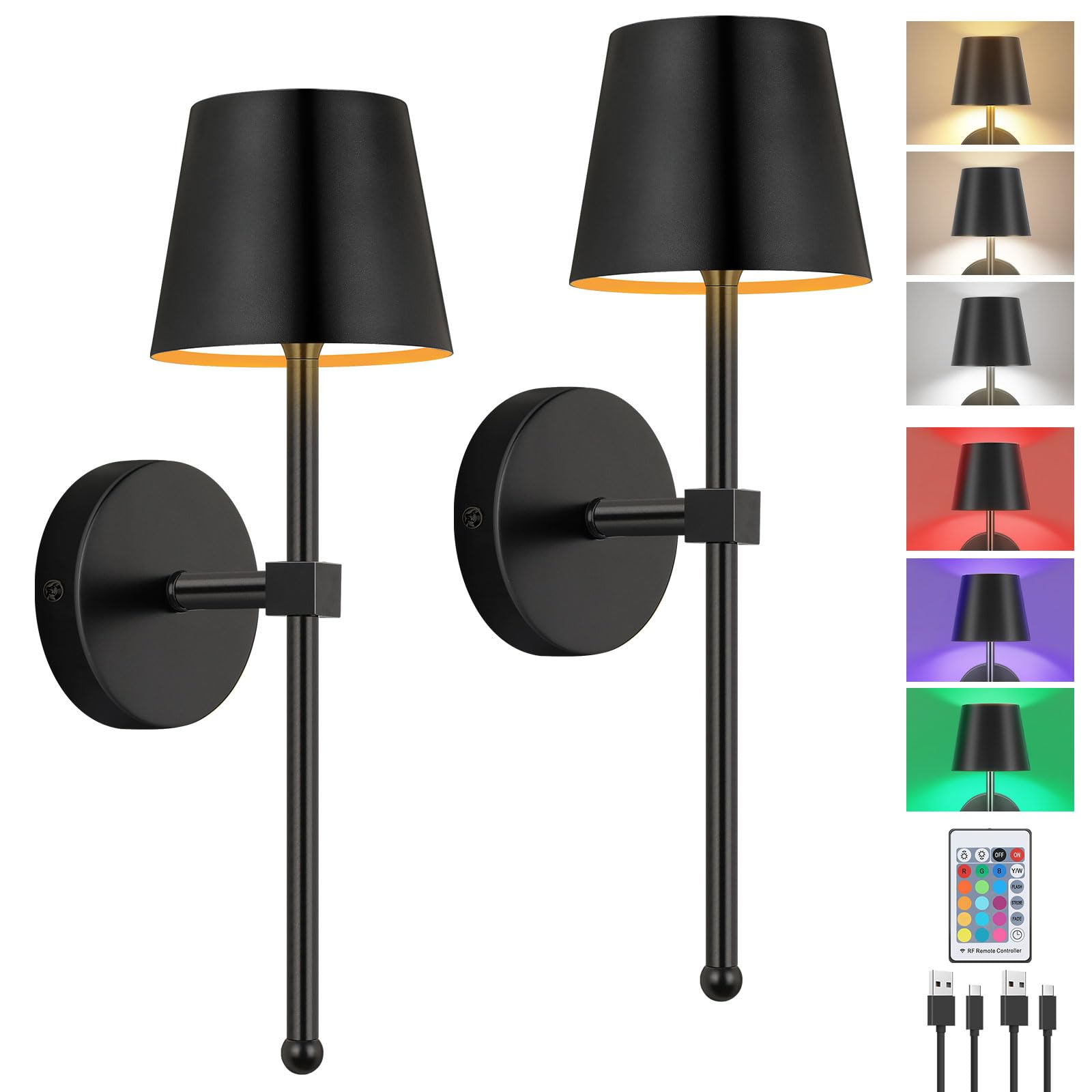 LIGHTESS Battery Operated Wall Lights, 5200mAh Rechargeable Wall Sconces Set of Two with Remote Control, 15 Colors RGB Indoor Di