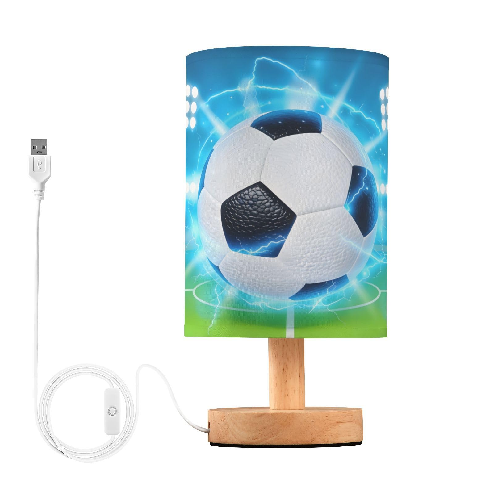 BOENLE Bedside Lamp Soccer Ball on Field Table Lamp for Bedroom LED Nightstand Lamp Shade USB Ports Wood Base for Living Room Do