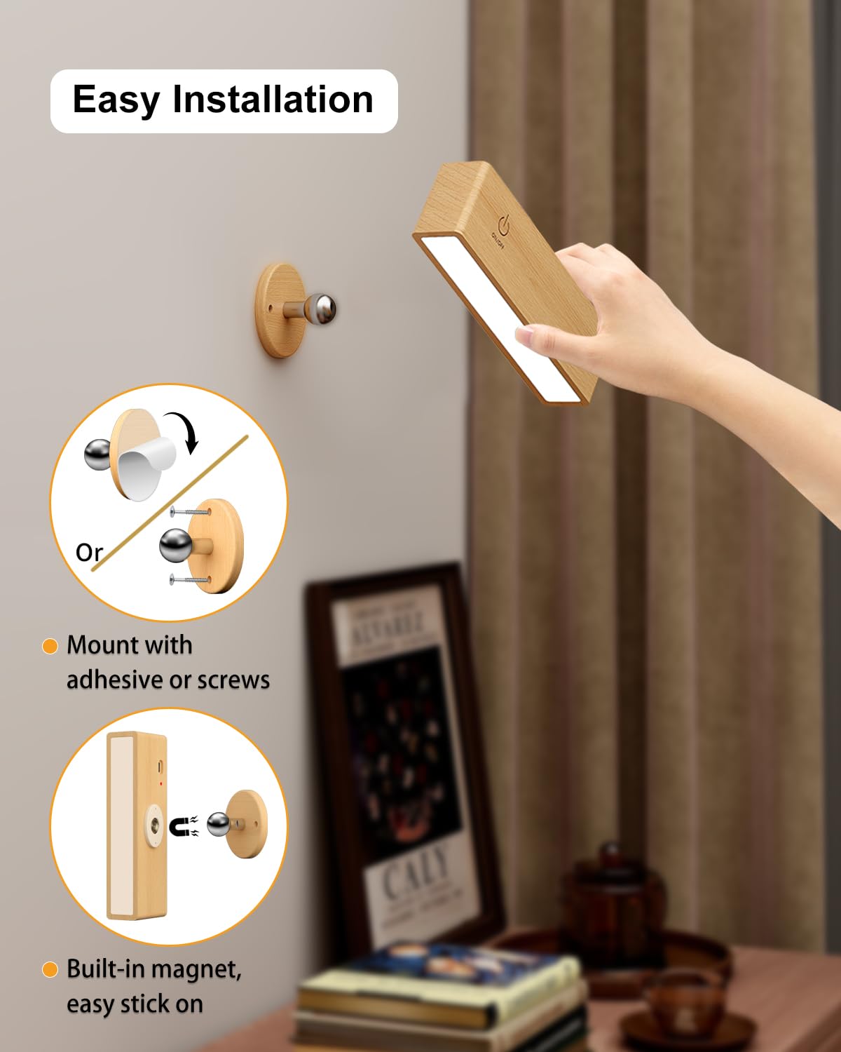 YiLaie Battery Operated Wall Sconce, Wood, Dimmable, Cordless Rechargeable, 1 Pack, Beechwood, Model EL-US-001