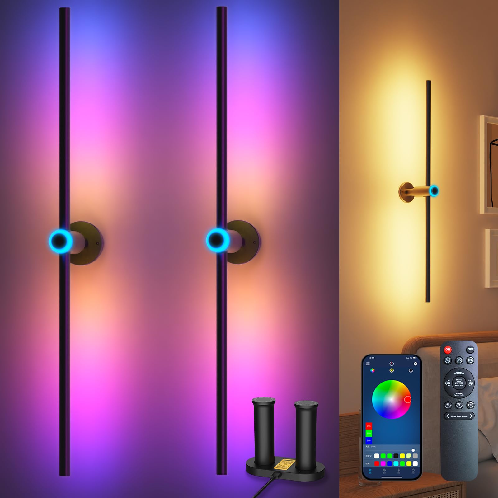 Battery Operated Wall Sconces Set of two, Rechargeable Wall Lights with 4 Pack Replaceable Batteries, 16 Million DIY Colors Wire