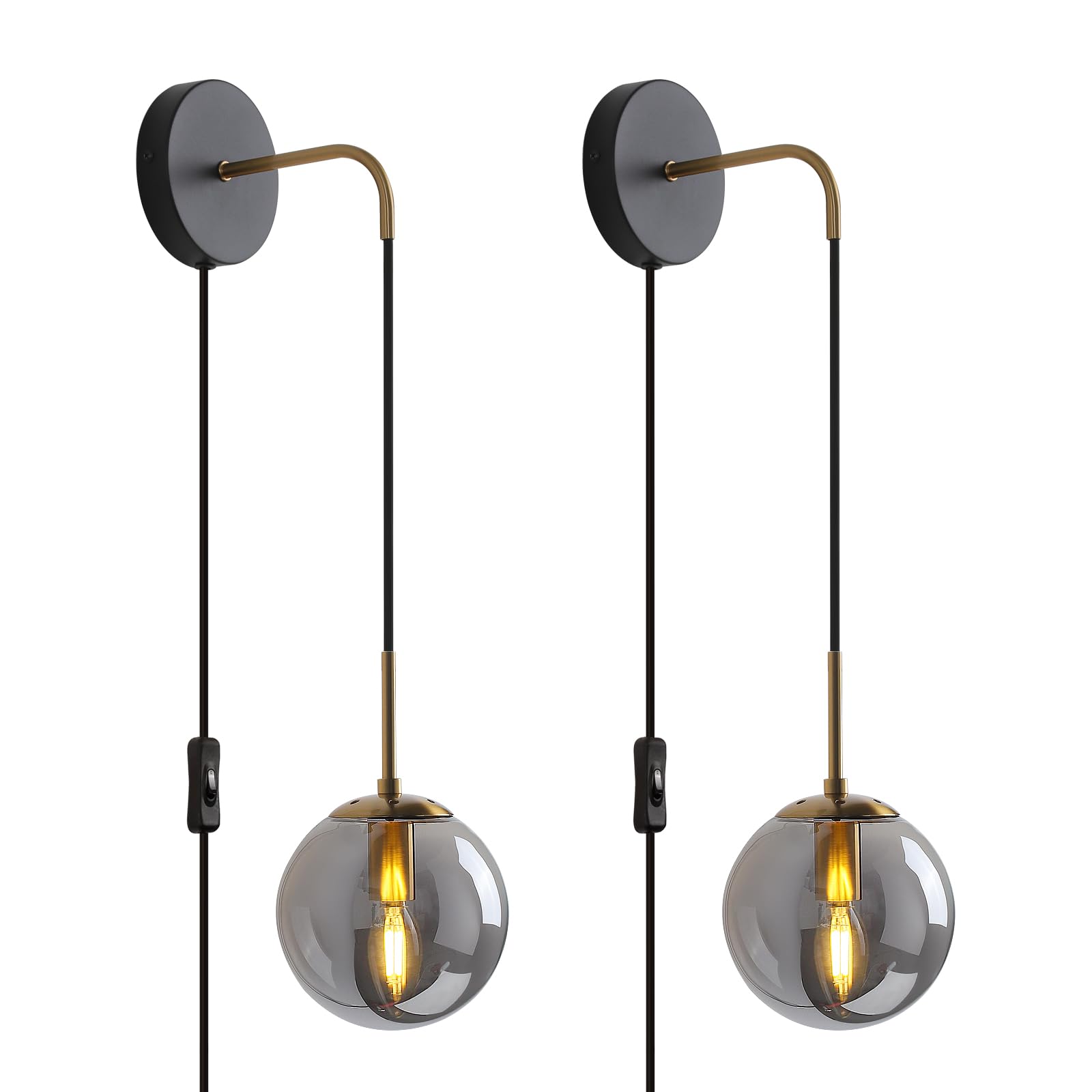 KUZZULL Wall Sconces Set of 2, Black and Brass Gold, Smoke Grey Glass Shade, 29in Iron Lighting for Bedrooms and Decor