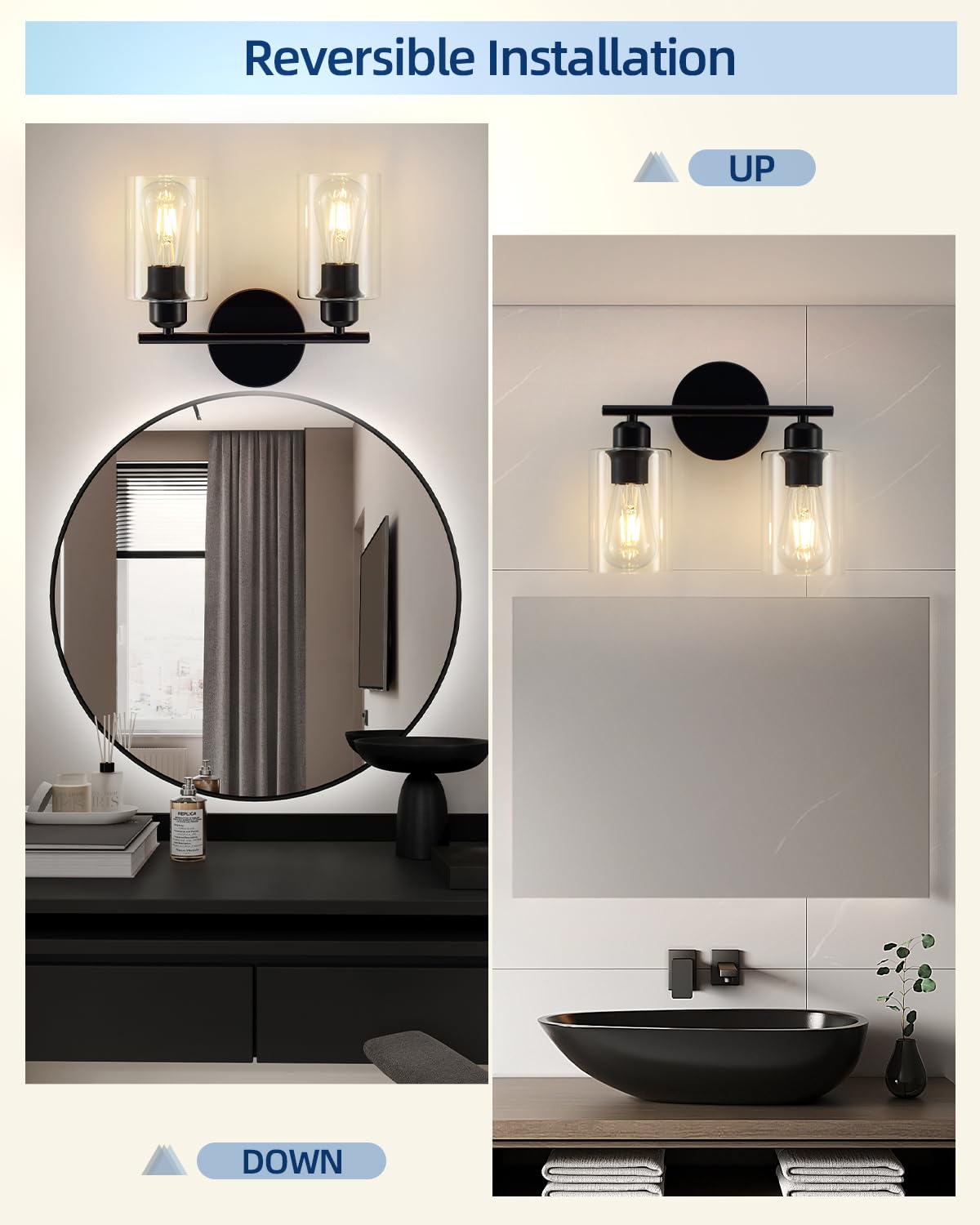 SEABLE Modern Vanity Lights - 2 Pack Wall Sconce, Matte Black, Clear Glass Shade, Bathroom & Bedroom Fixtures