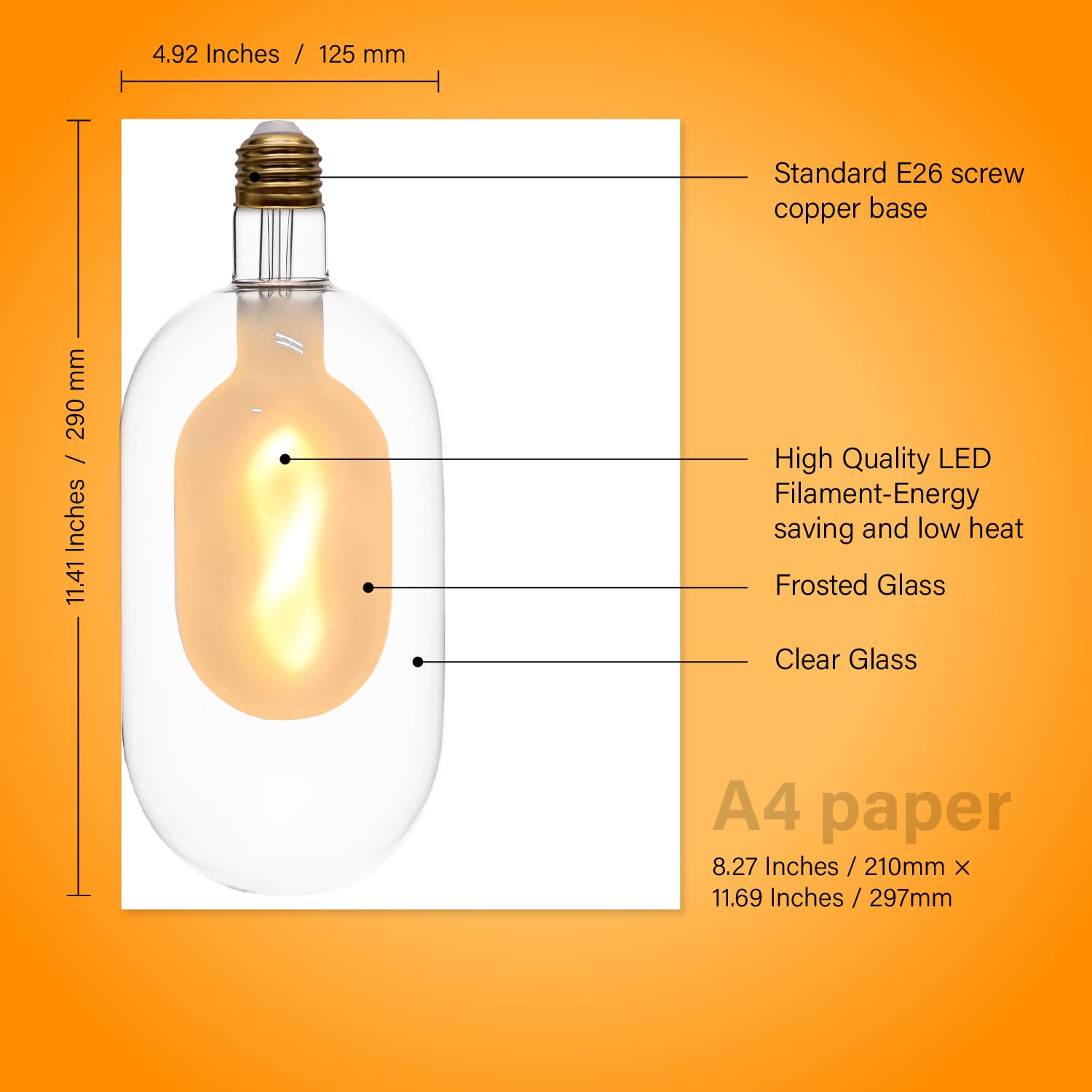 WHFIALUX Oversized Vintage LED Light Bulb, T40 T125 Clear Glass, 6W Dimmable 2700K Warm White, E26 Base