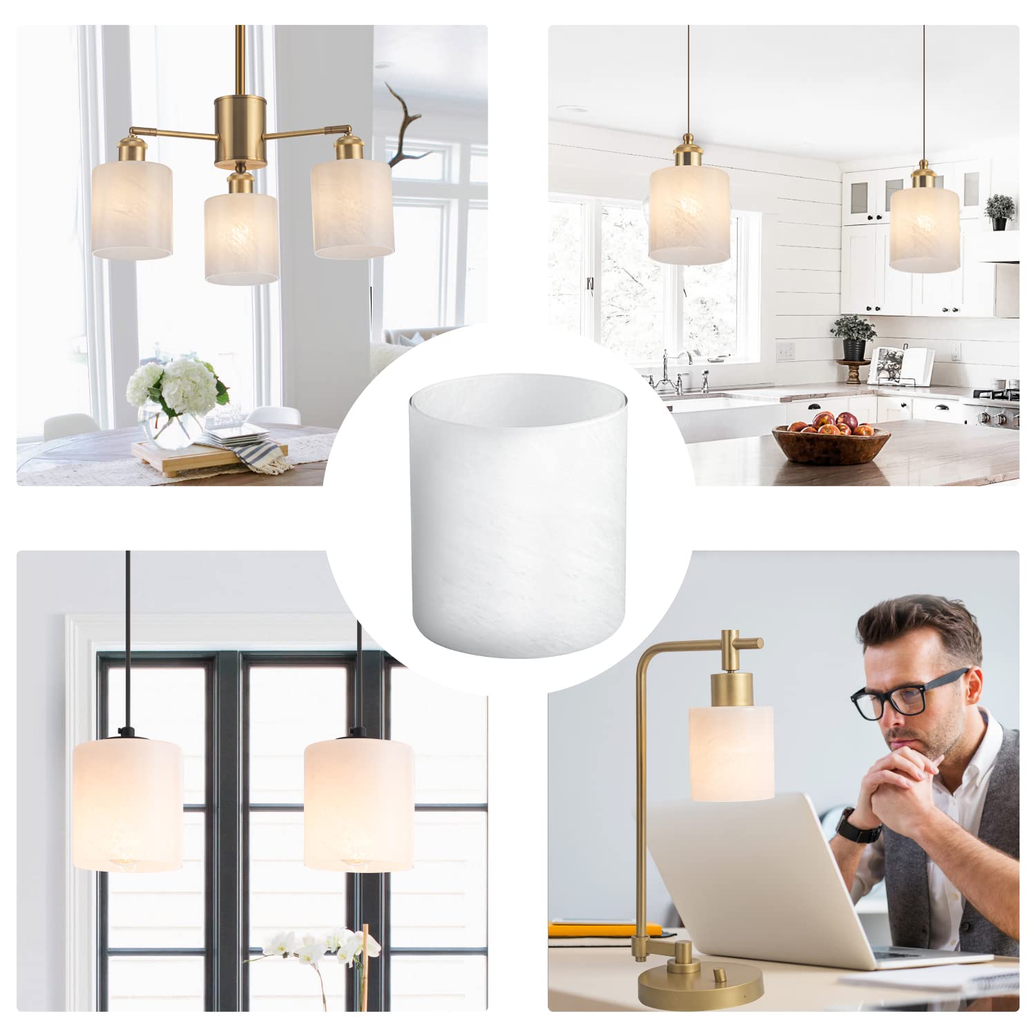 Hghyjrxfkl 1 Pack Alabaster White Glass Lamp Shade, Cylinder Glass Lamp Shade Replacement With 1-5/8-Inch Fitter Opening For Pendant Light, Desk Lamp,Wall Sconces And Bathroom Vanity Lights.