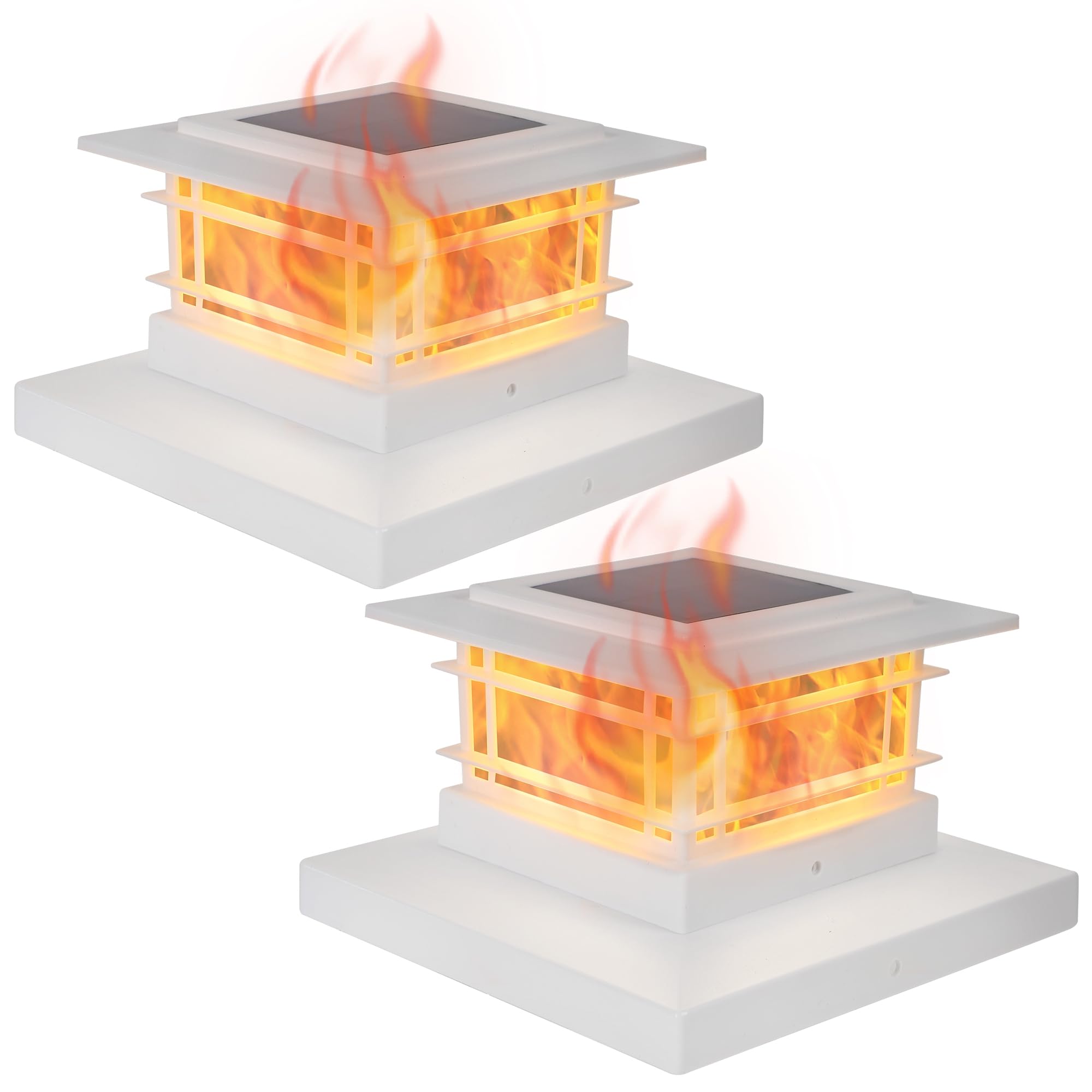 Dynaming 2 Pack Solar Flame Post Lights Outdoor, Solar Powered Fence Post White Shell Cap Light, High Brightness Flickering Flame LED Lighting for Garden Deck Patio, Fit 4x4 5x5 6x6 Vinyl/Wooden Posts
