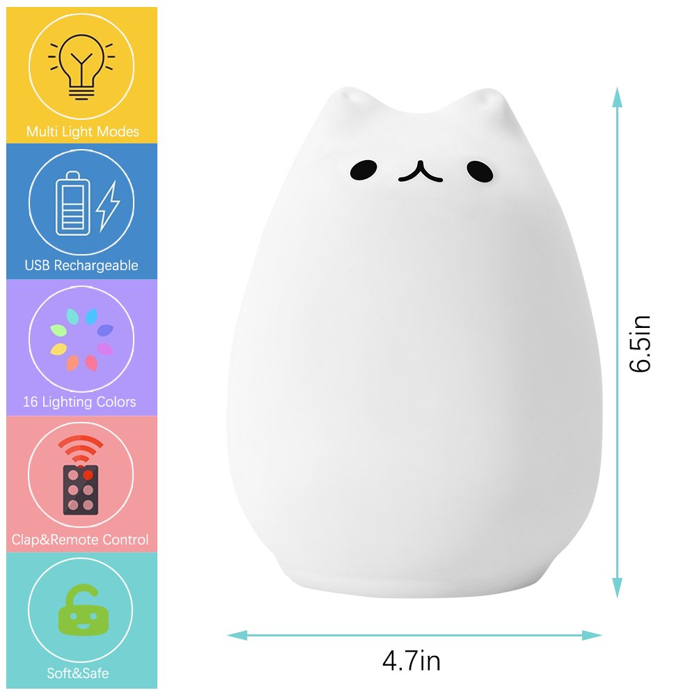 Litake Cute Cat Night Light - Squishy Silicone Lamp with Remote, 16 Colors, Cream, Baby Nightlight for Kids, Christmas Gifts, Room Decor