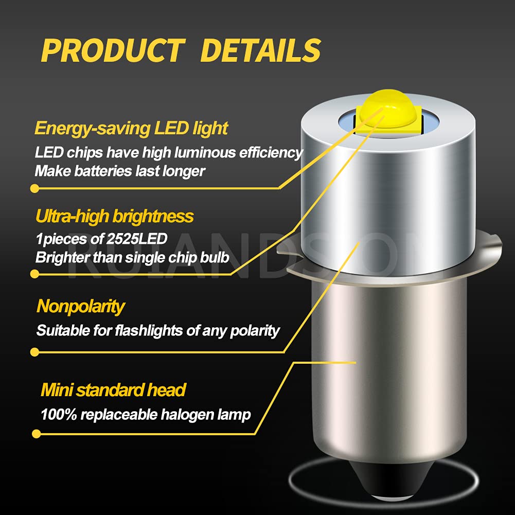 Ruiandsion LED Flashlight Bulb P13.5S, 6-24V Replacement, Copper, White, Model E10, Pack of 2