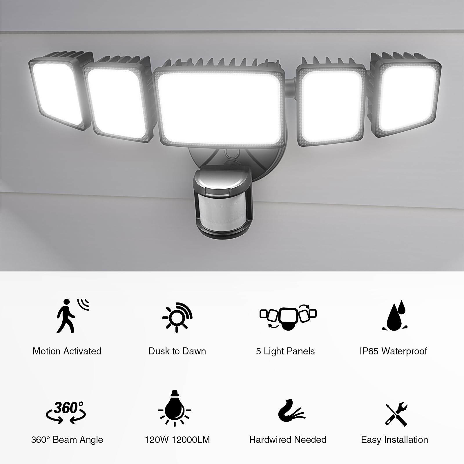 Onforu 120W LED Security Lights - 12000LM Motion Sensor Floodlight, 5 Heads, 6500K, IP65 Waterproof, Black, Model BDBL100G-