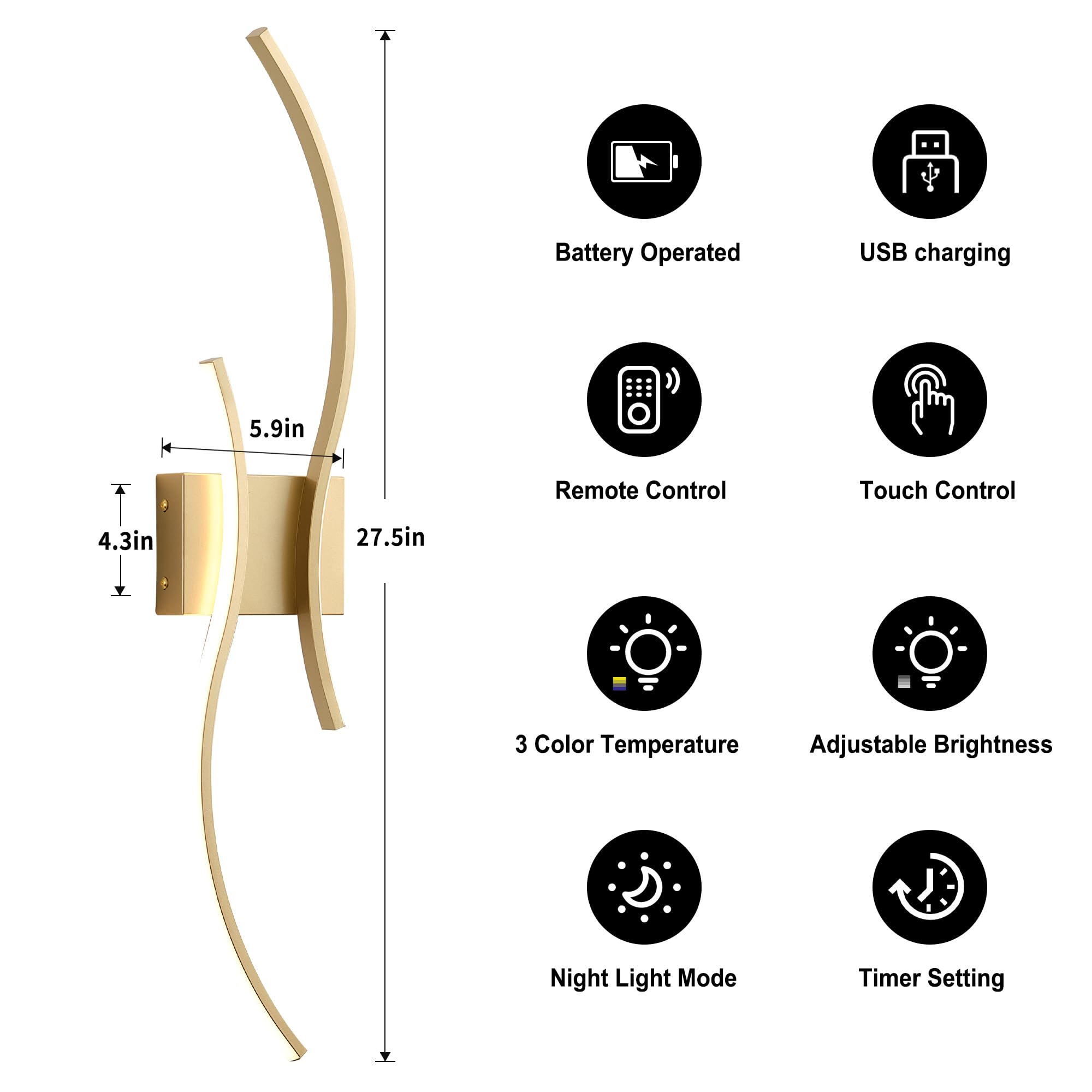 KARTOOSH Battery Operated Wall Sconces Set, Remote Control, Dimmable LED, Gold, 27.5 Inch (2 Pack), Model ZM319BGD70
