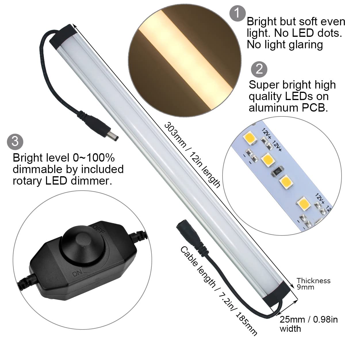 Litever Under Cabinet LED Lighting Kit, 6 x 12" Warm White Strips, 2000 Lumen, Aluminum, Black Cable, Model LL-008-6W