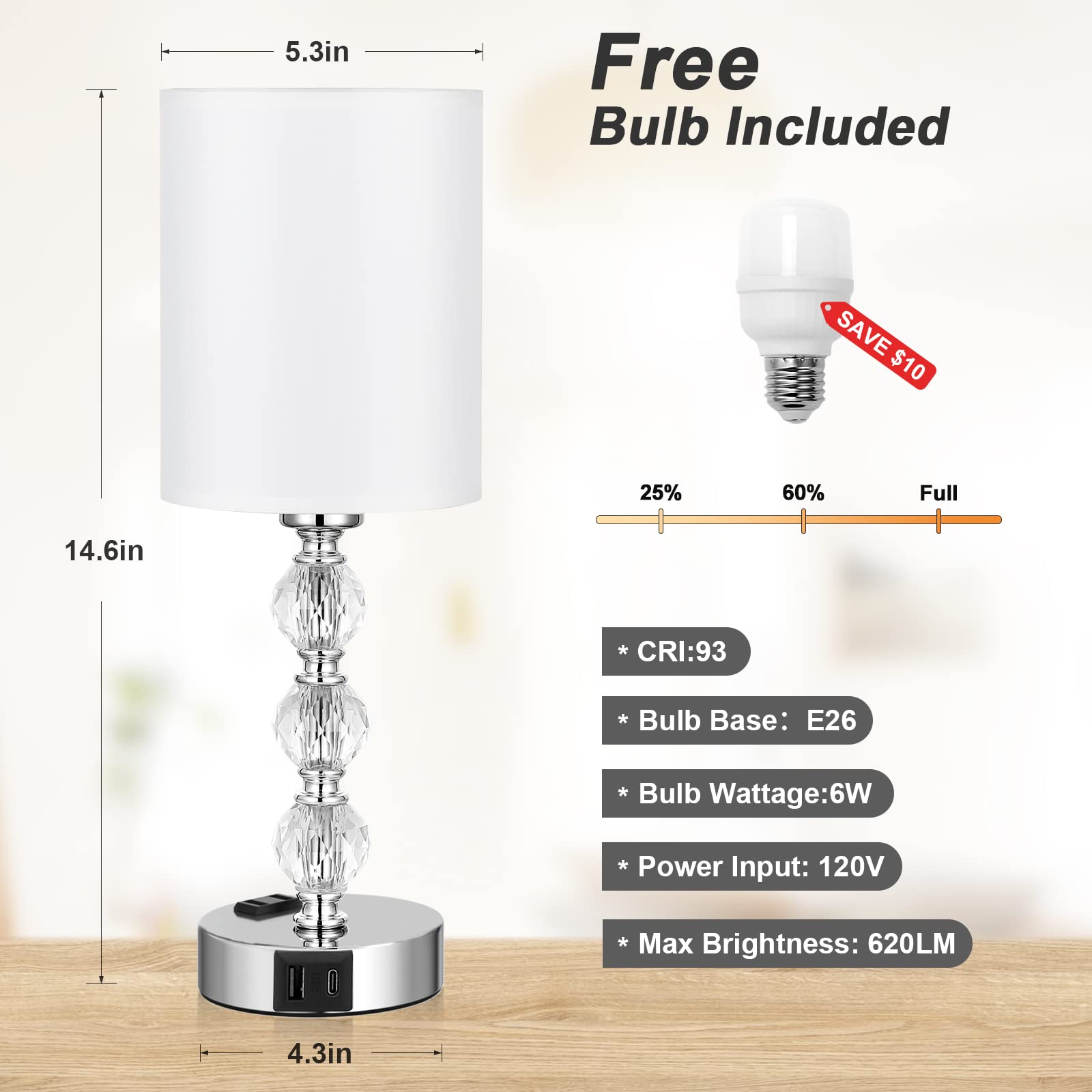 Acaxin Touch Bedside Crystal Lamp With Usb Charging Port, 14.6In, White, 3-Way Dimmable For Bedroom, Living Room, Kitchen