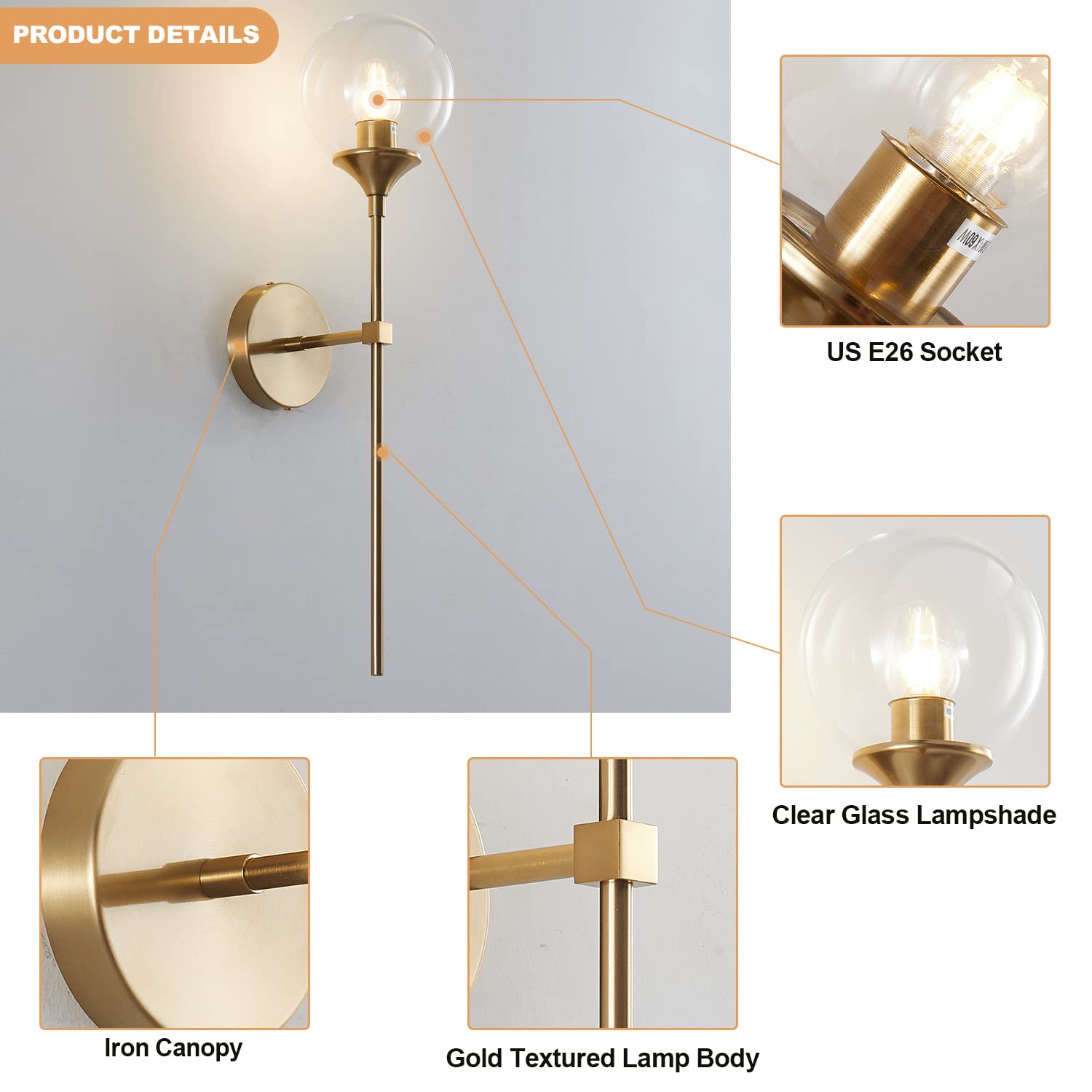 KCO Lighting Vanity Wall Sconce - Clear Bubble Glass, Brushed Brass, Modern Globe Design, Mid Century Style, Model: bc354165